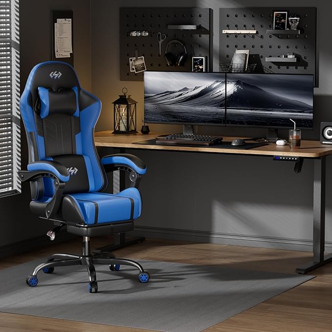 HLDIRECT Gaming Chair, Ergonomic Video Game Seat with 360° Swivel & Lumbar Massage, Computer Chair PU Leather Cushion for Adults Home/Office Use (Black & Blue)
