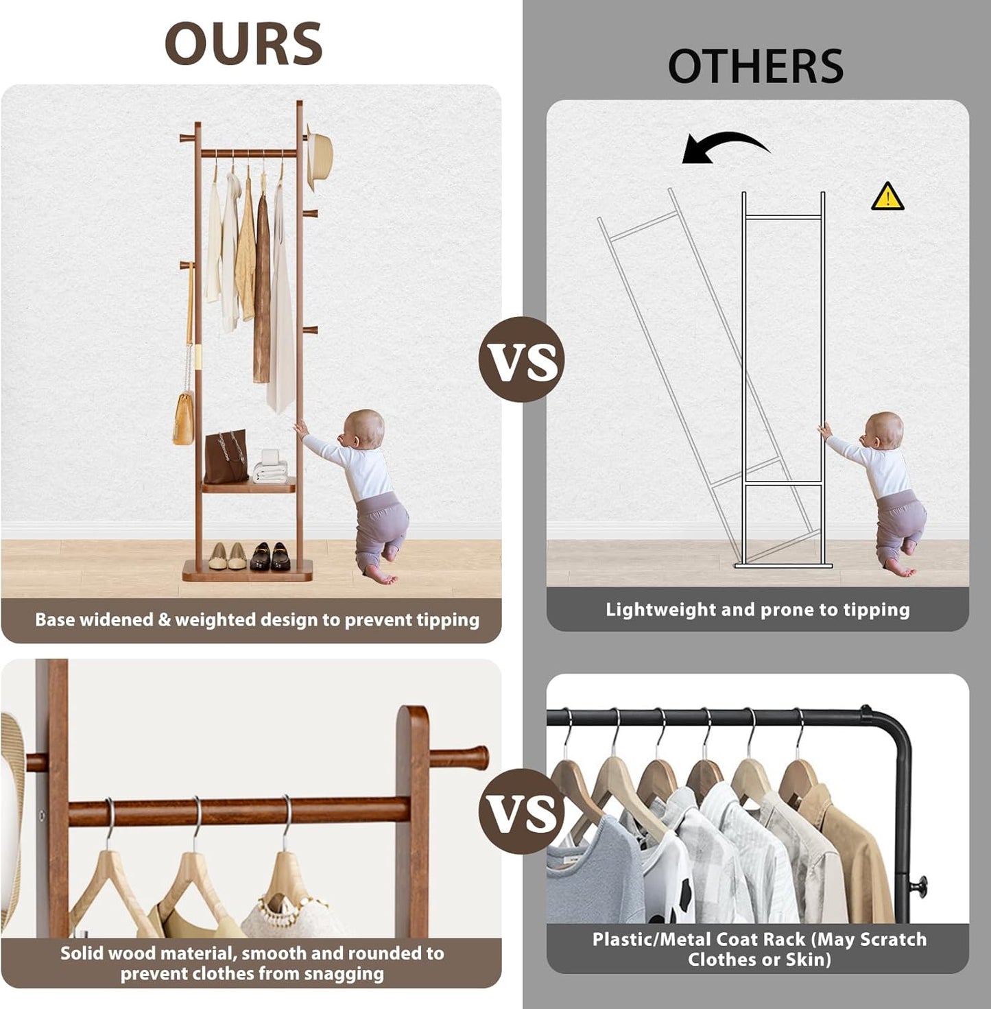 Solid Wood Coat Rack Clothes Rack, Coat Rack Freestanding with 2 Shelves and 5 Hooks, Heavy Duty Coat Tree for Entryway, Living room, Coat Hanger Stand for Hats, Bags Clothes(Walnut Brown)