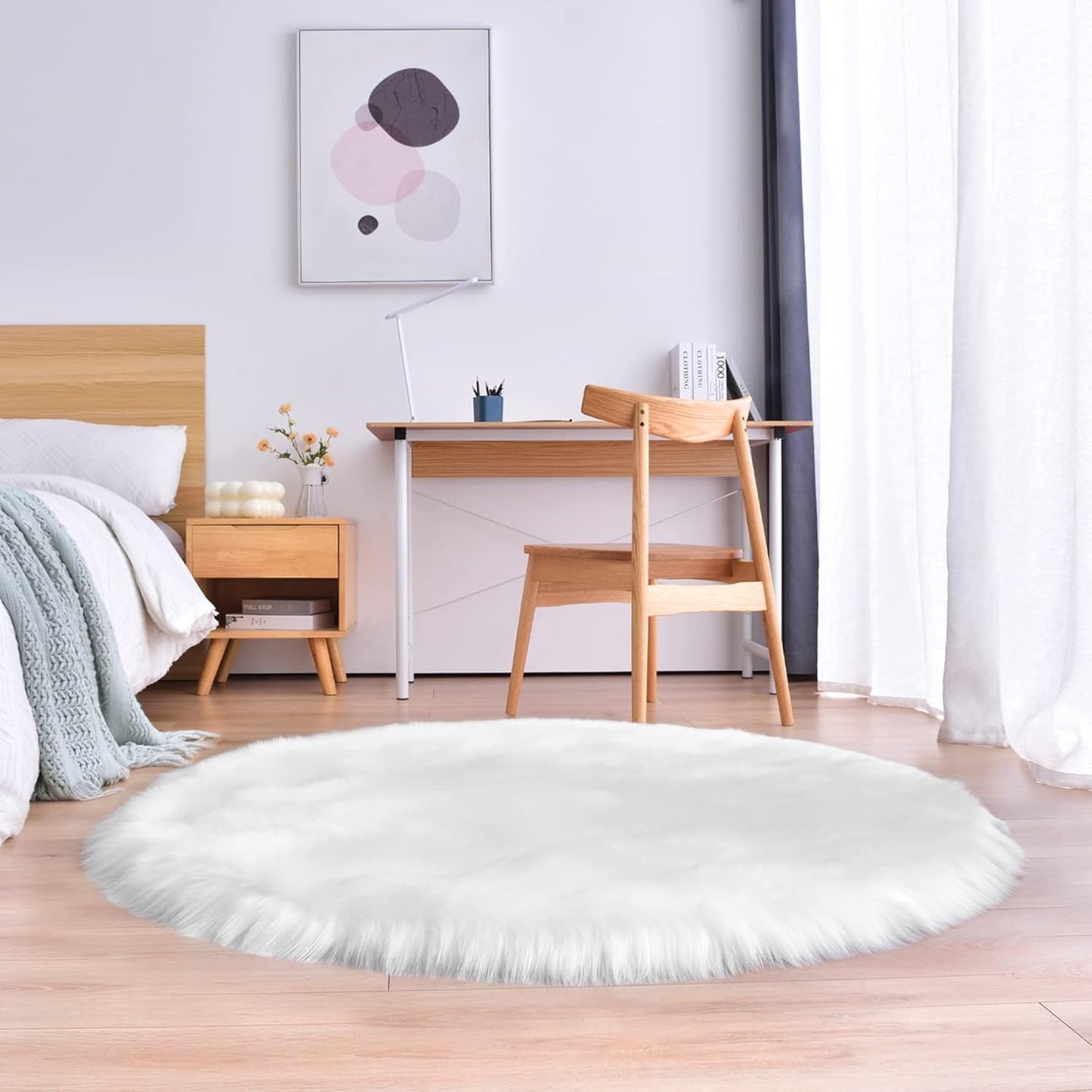 duduta White Faux Sheepskin Round Rug 4x4 ft, Fluffy Shag Fur Bedroom Nursery Kids Playroom Rug Dorm Decor Non Slip Washable