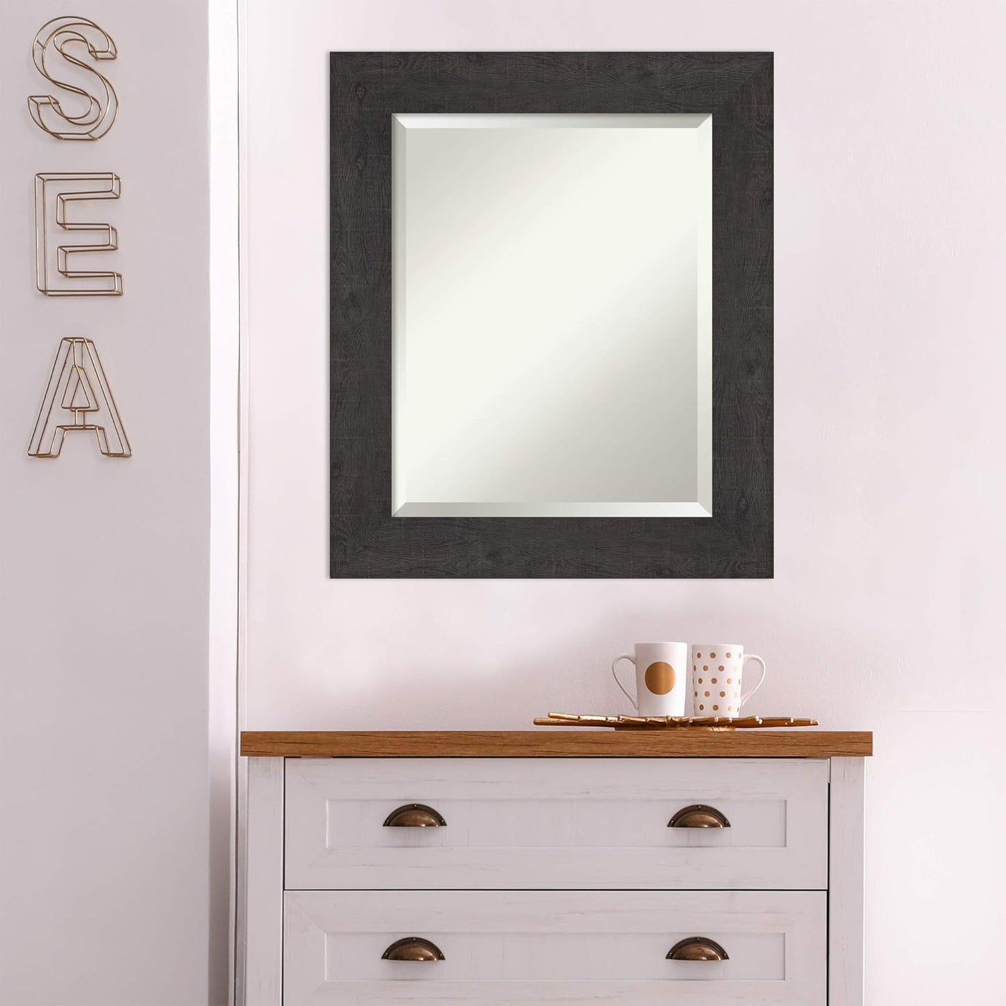 Amanti Art Brown Bathroom Mirror for Over Sink, 26x22 Rustic Plank Espresso Rectangle Vanity Mirror, Small Rustic Farmhouse Frame, Hangs Horizonally and Vertically, Bathroom Wall Decor, Beveled Edge