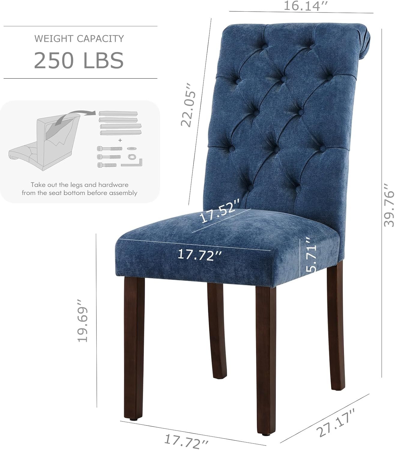 COLAMY Button Tufted Dining Chairs Set of 4, Parsons Upholstered Fabric Dining Room Chairs Kitchen Chairs with Wood Legs and Padded Seat, Blue