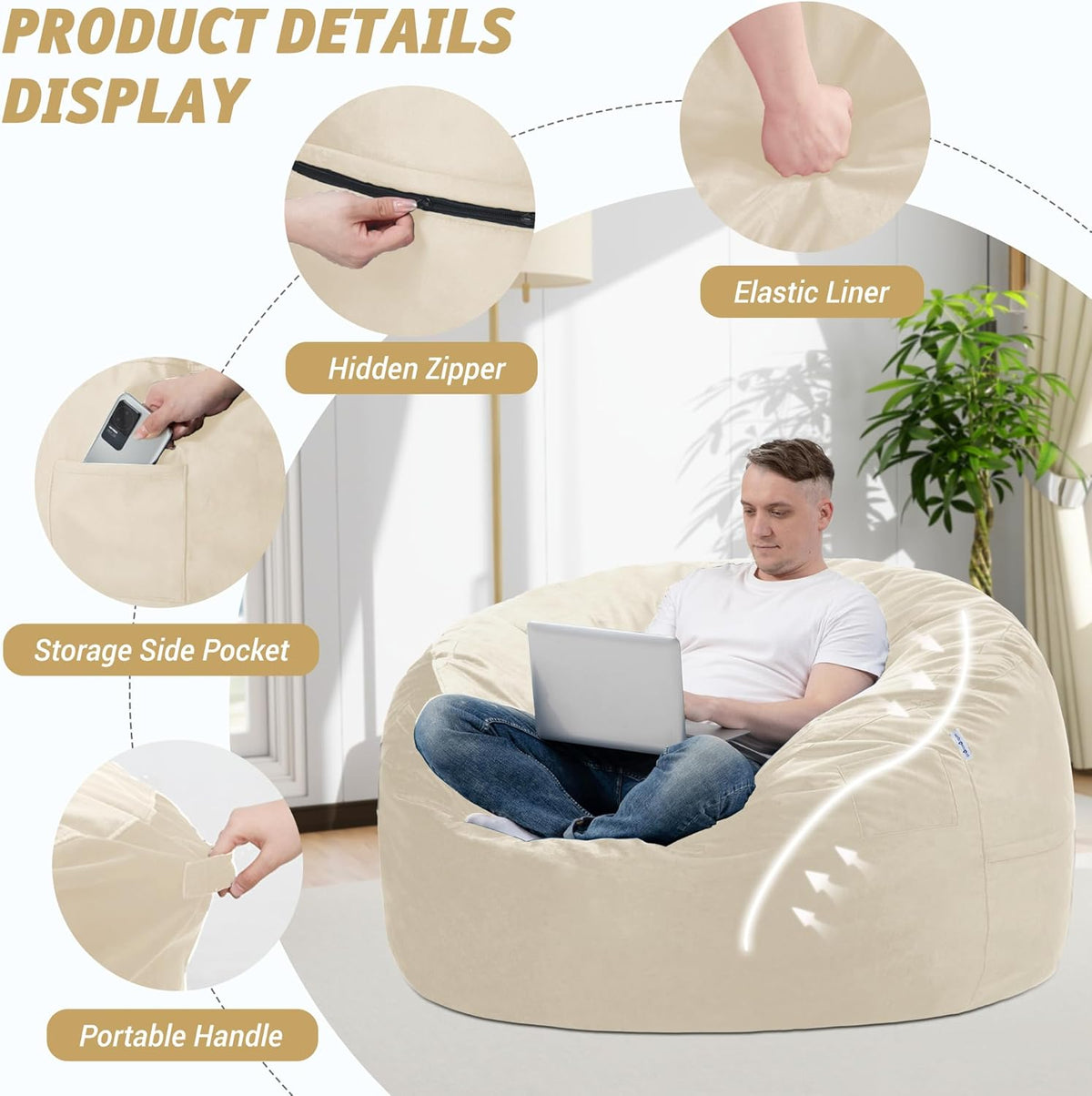3FT Bean Bag Chair with Ultra Soft Velvet Cover Bean Bag Sofa with Memory Foam Bean Bag Chairs with Large Size Lazy Sofa for Dorm Office Living Room Bedroom Khaki 3'