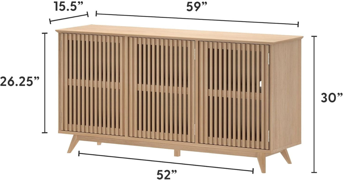 Plank+Beam Mid-Century Modern Wood TV Stand, Three Door Solid Wood Entertainment Console with Storage, 59" L x 16" W x 30" H, Blonde
