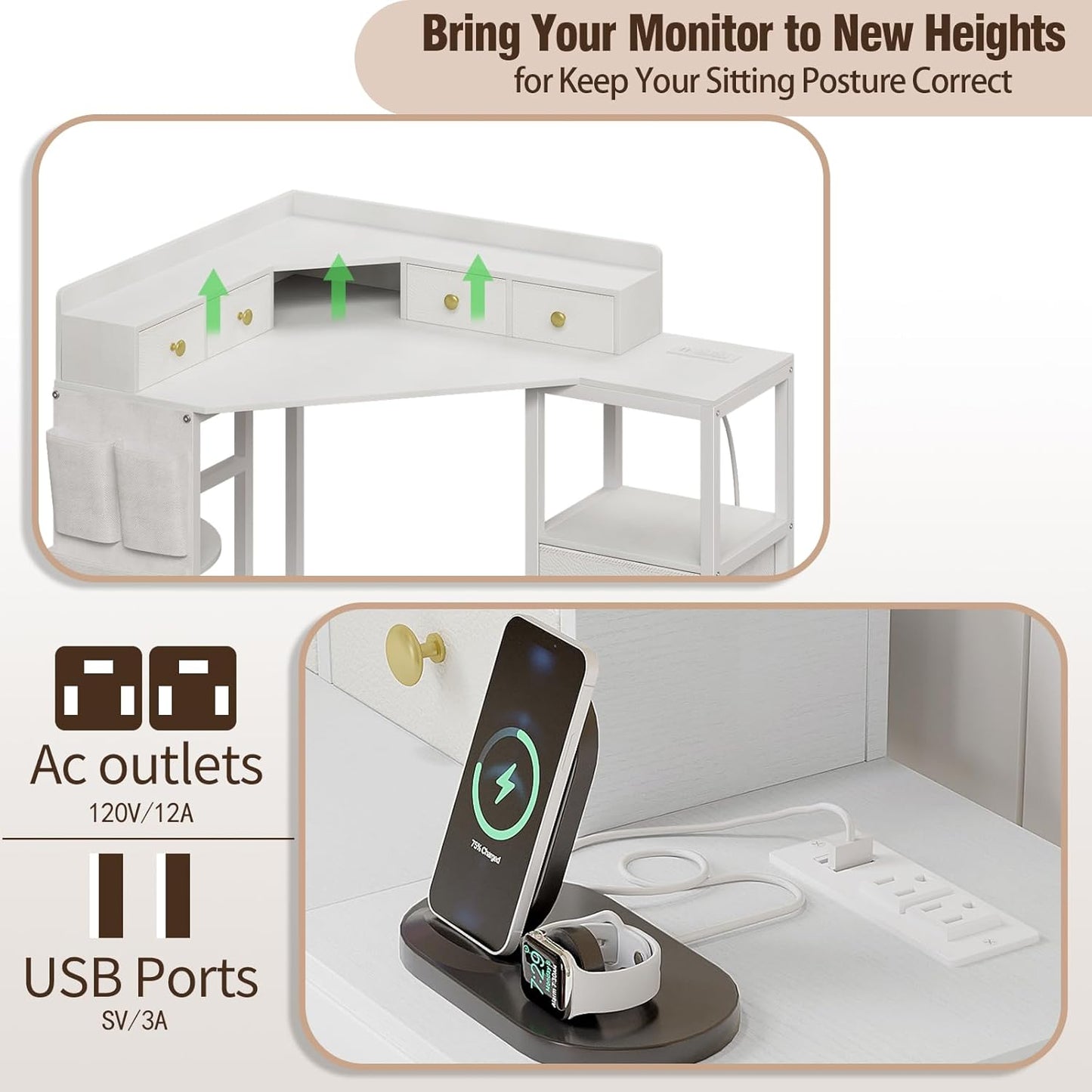 Corner Desk with 6 Drawers Shelves for Small Space Computer Desk with Power Outlets,Gaming Desk with Printer Monitor Stand Storage for Home Office Workstation Writing Table (White, 31.5)