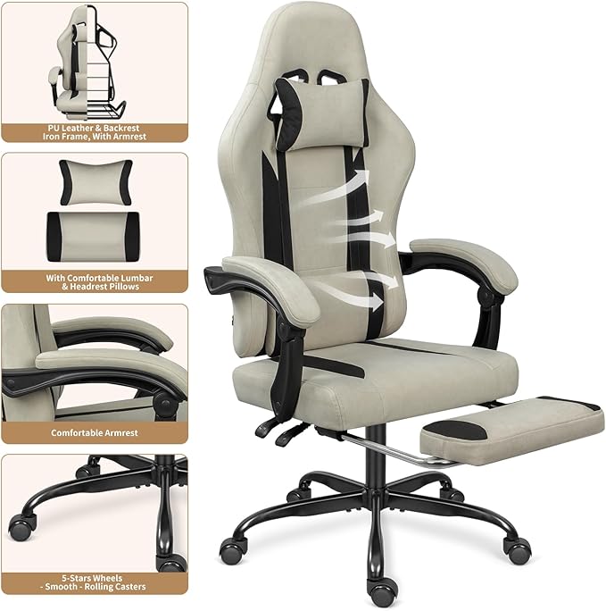 Breathable Fabric Gaming Chair with Footrest, Height Adjustable Game Chair, Video Gaming Chair for Gaming Room, Living Room and Office - Beige/Black