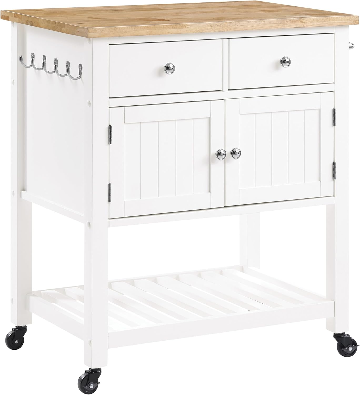 OSP Home Furnishings Stirling Farmhouse Kitchen Cart, Rolling Storage Cabinet with Drawers, Shelf, 5 Utility Hooks, White with Wood Top