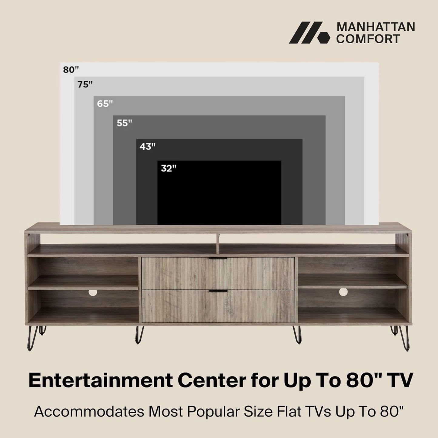Manhattan Comfort Dumbo Mid Century Modern TV Stand for Televisions up to 80 Inches, Home Entertainment Center with Storage, 6 Shelves, 2 Drawers, No Tool Assembly, 85" Wide, Rustic Grey