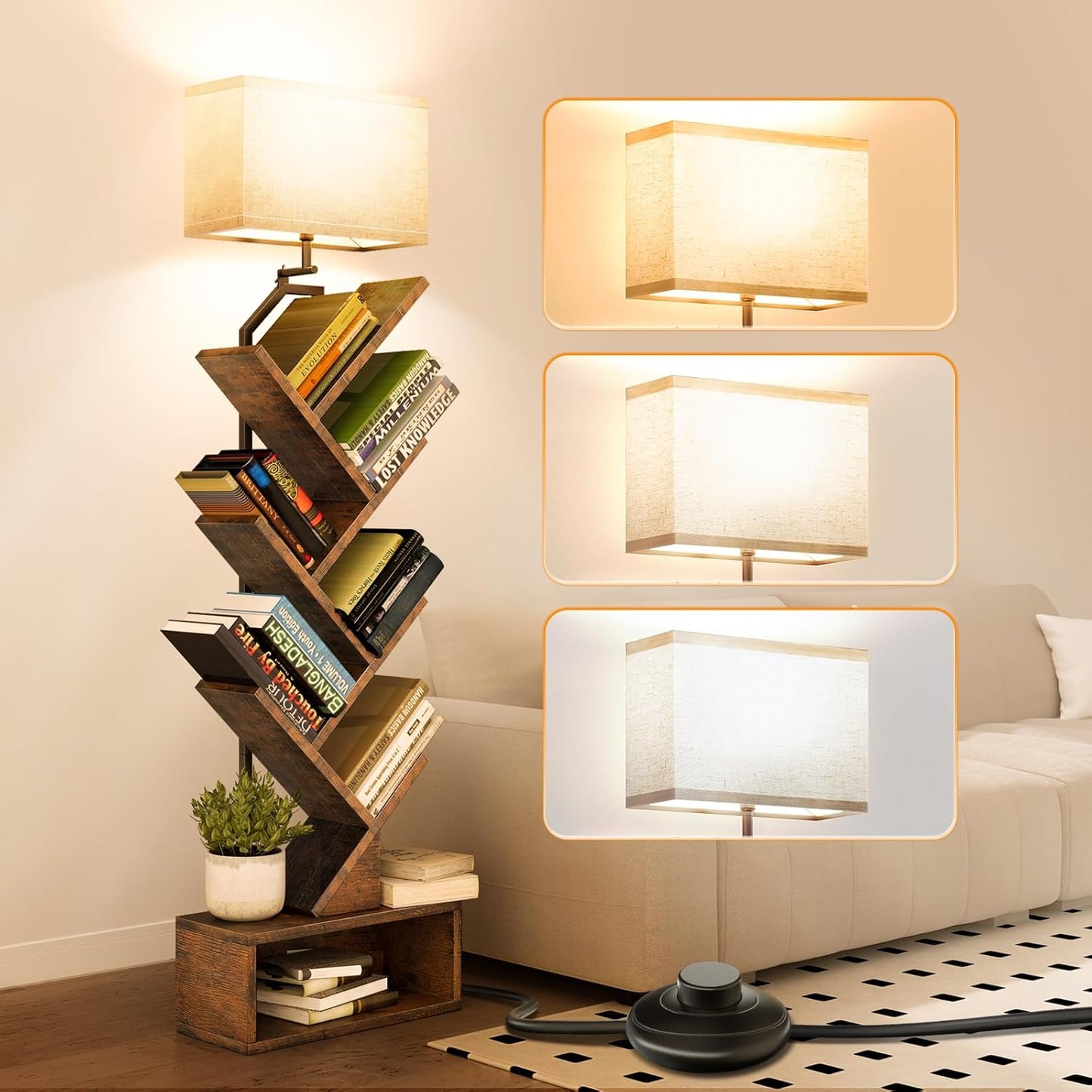 addlon 6-Tier Tree Bookshelf, Steel&Wood Corner Shelf with 3CCT Bulb,Small Book Shelf for Bedroom, Home Office&Living Room-Rustic Brown