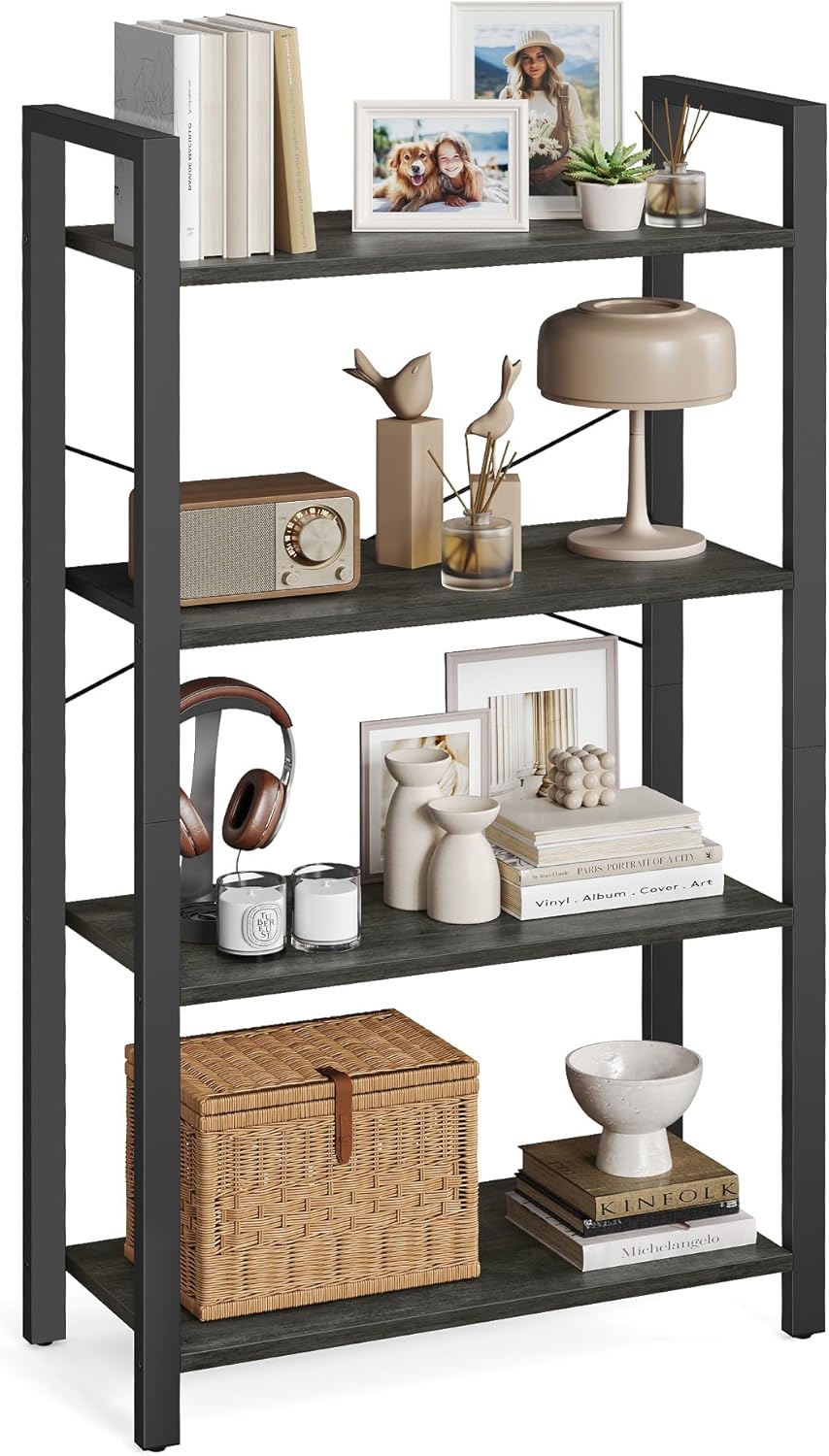 VASAGLE 4-Tier Bookshelf, Bookcase with Steel Frame, Book Shelf for Living Room, Home Office, Study, 11.8 x 26 x 47 Inches, Industrial Style, Charcoal Grey and Ink Black ULLS060B04