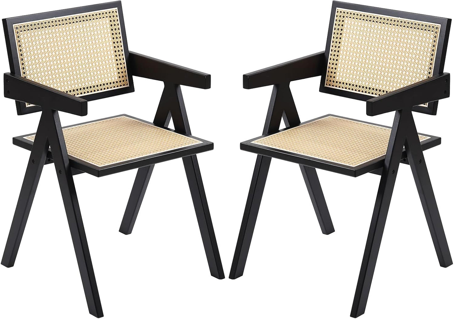 Rattan Dining Chairs Set of 2, Modern Mid Century Dining Chairs with Arms, Outdoor Bamboo Chairs for Bedroom, Living Room, Reading Room, Black