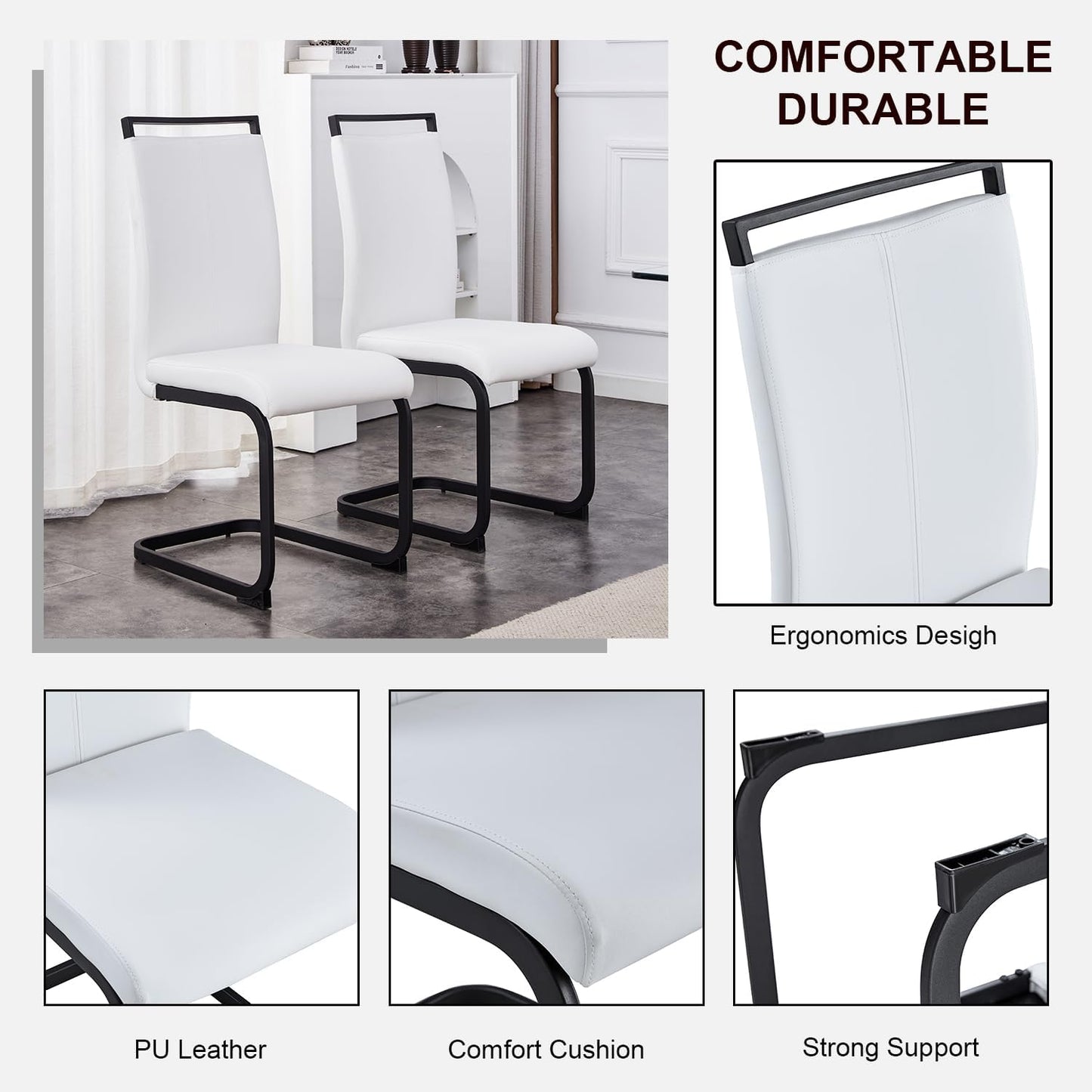 Modern Dining Chairs Set of 4,High Back Kitchen Chairs,Side Room Chair with Black Powder Coating Metal Legs,Easy to Clean Upholstered Dining Chairs,Ideal for Living Room(White Chairs)