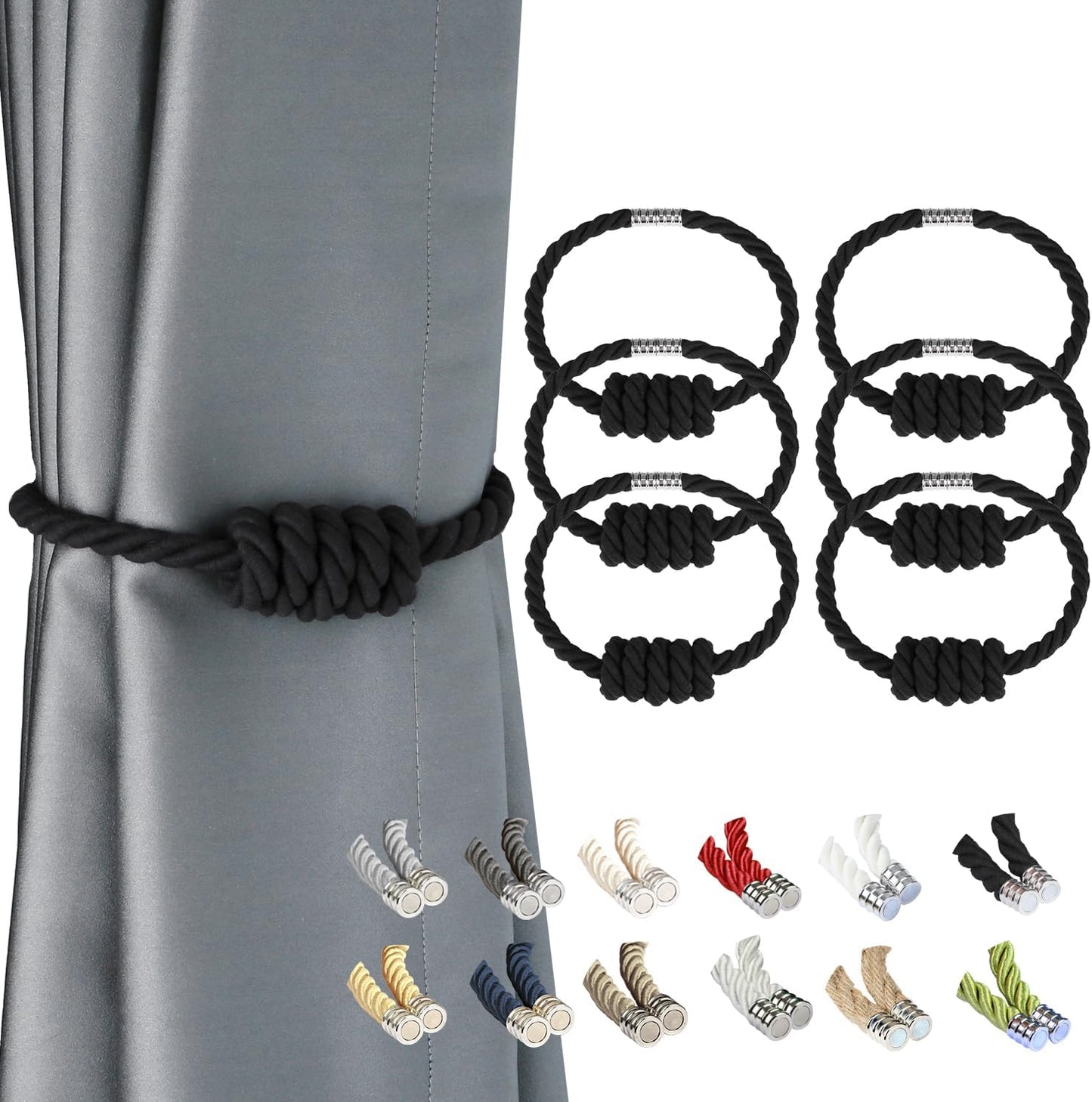 BEL AVENIR Magnetic Cotton Curtain Tiebacks, Decorative Drapery Holdbacks Modern Woven Tie-Backs with Exquisite Knot (Black Cotton, 6 Pack)