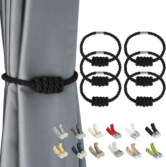 BEL AVENIR Magnetic Cotton Curtain Tiebacks, Decorative Drapery Holdbacks Modern Woven Tie-Backs with Exquisite Knot (Black Cotton, 6 Pack)