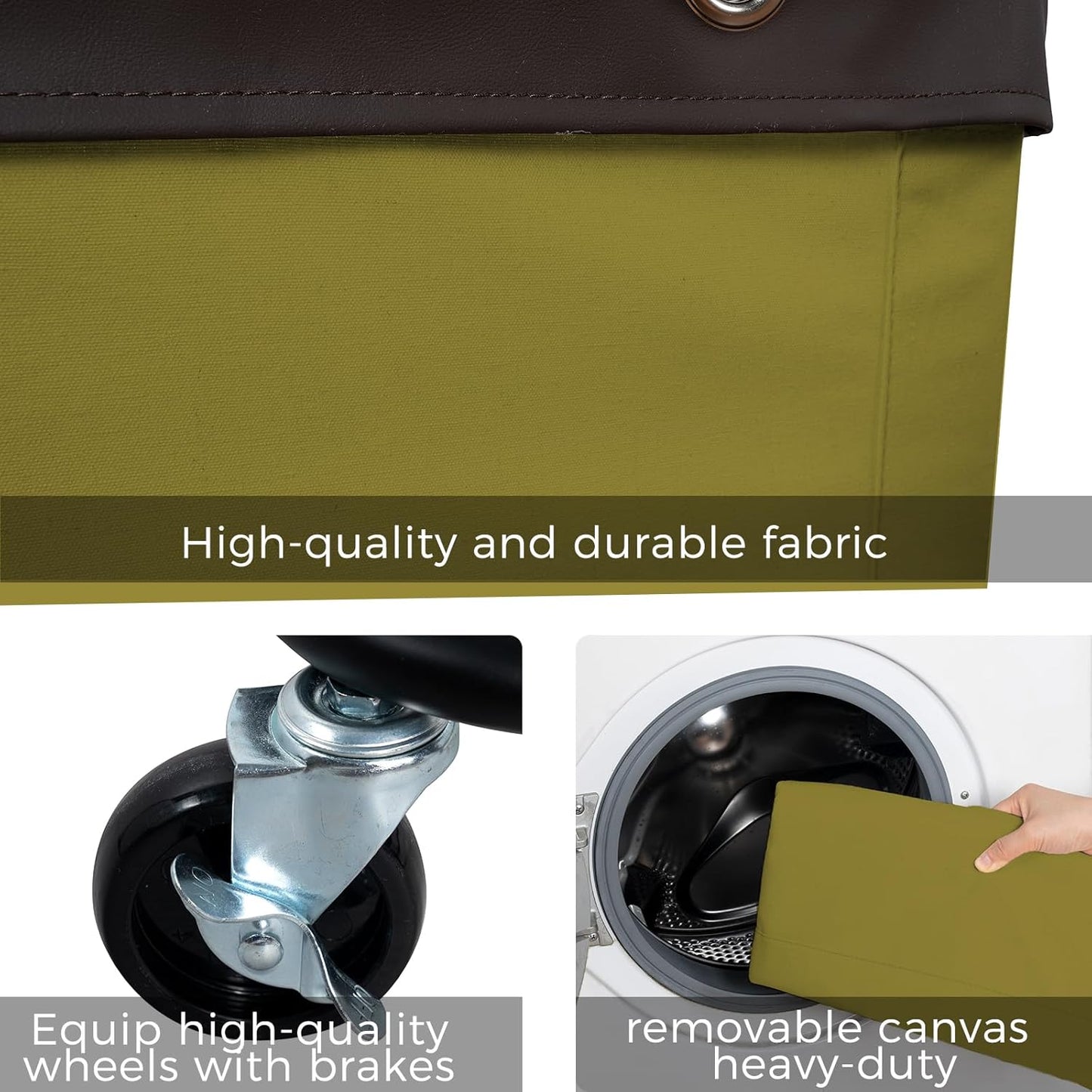 FLYBOX Laundry Hamper with Wheels, 160L Capacity, Steel Frame, Removable Canvas Bag, Dark Green