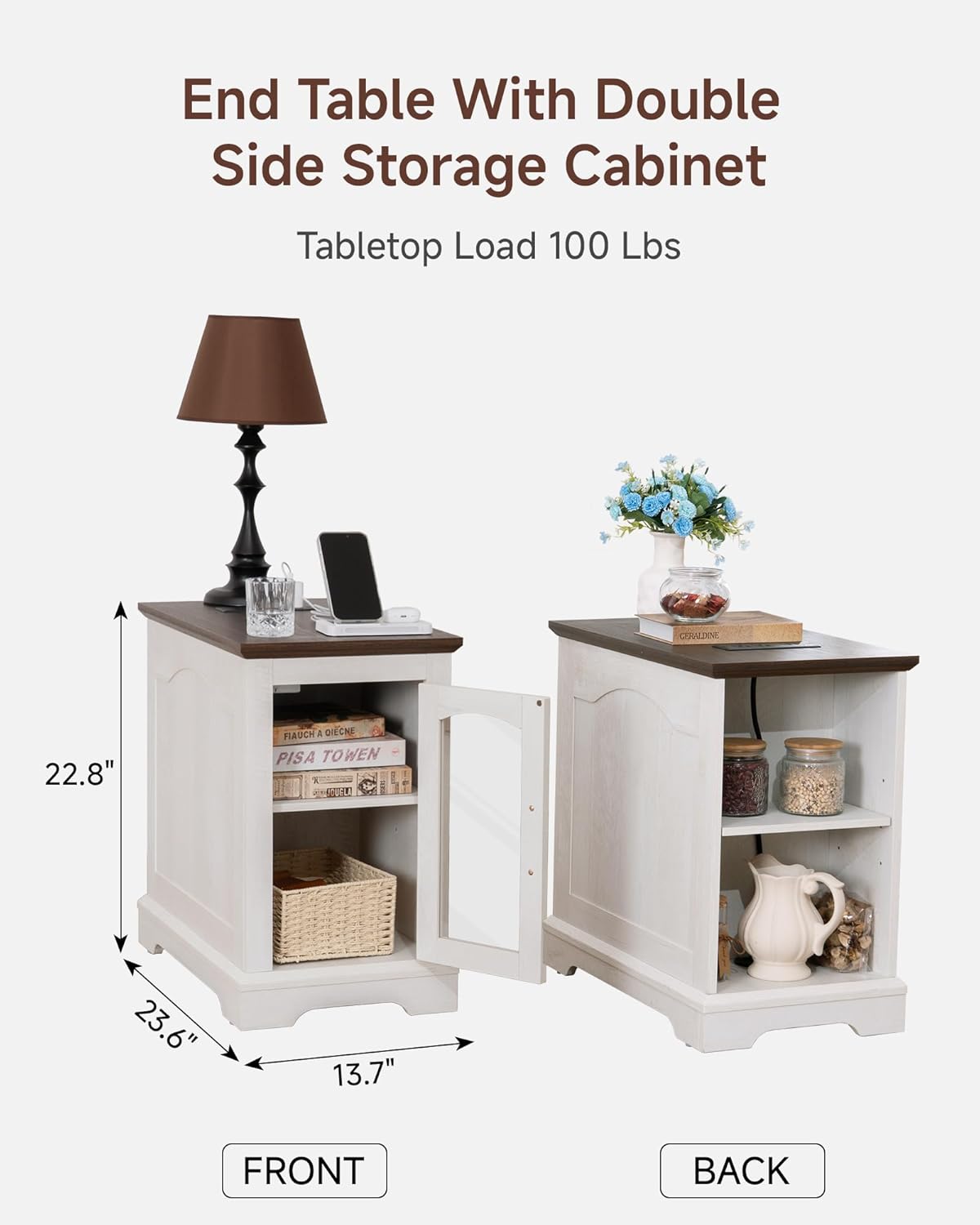 Narrow Side Table with Charging Station,13.8" W End Table with Storage for Sofa Couch or Bed Side with Outlets & USB Ports, Farmhouse Nightstand for Bedroom Livingroom (Glass,White & Walnut)