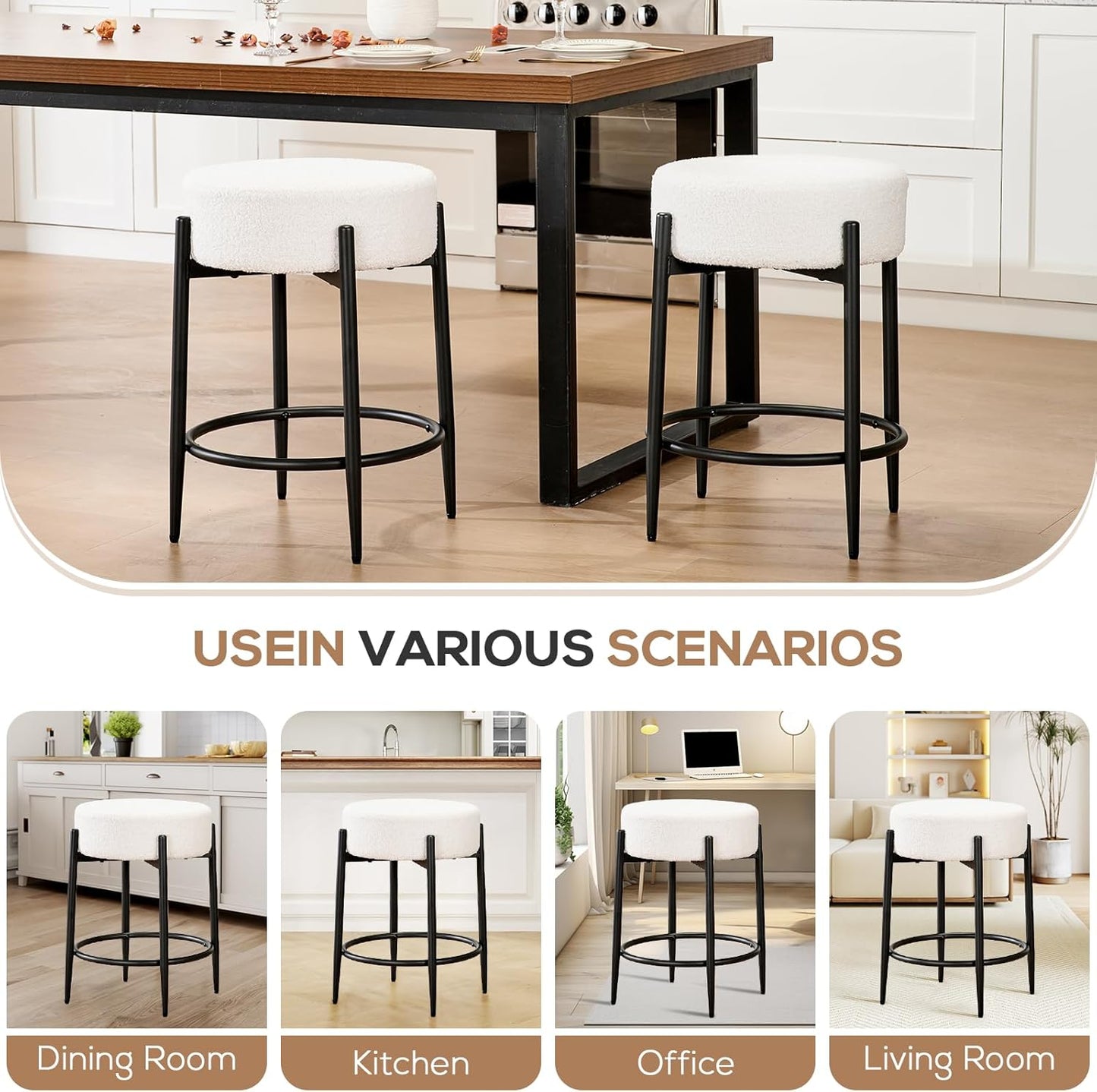 Dining Room Chairs Set of 6, 23.6" Sherpa Backless White Boucle Dining Chair with Black Metal Legs, Mid Century Modern Living Room Round Upholstered Chairs