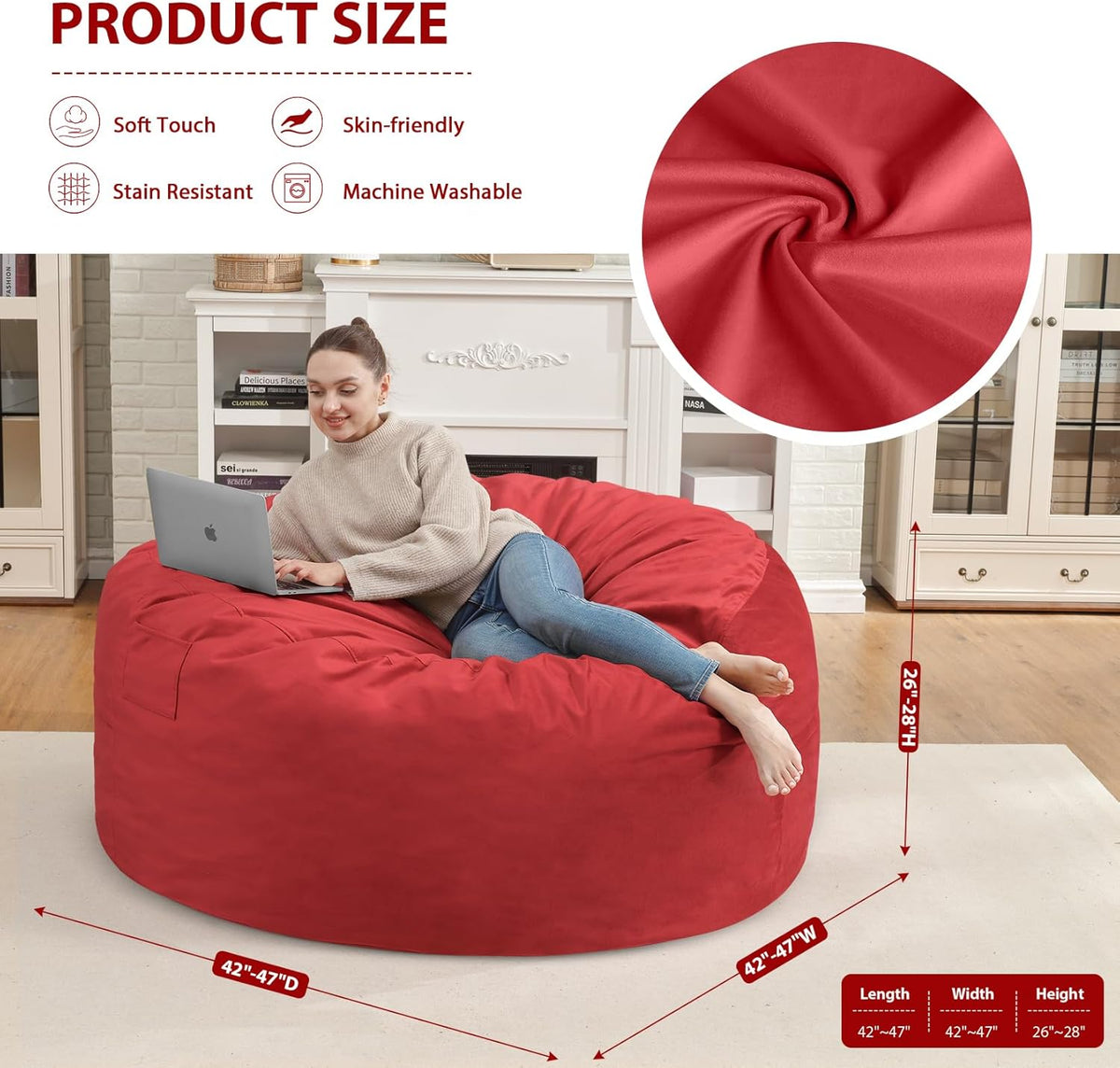 4FT Bean Bag Chair, Large Bean Bag Chairs with Memory Foam Filled, Fluffy Beanbag Sofa with Dutch Velvet Cover, Round BeanBag Chairs for Living Room, Playroom - Red