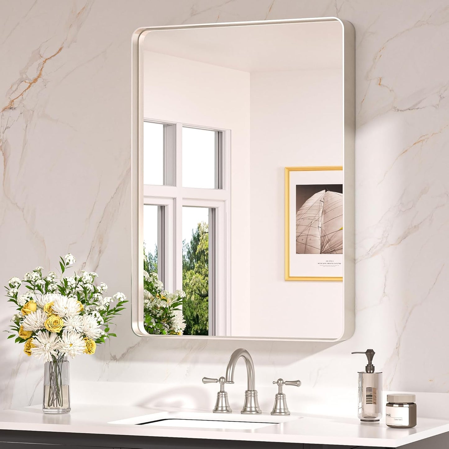 Keonjinn Brushed Nickel Mirror 24 x 32 Inch Silver Bathroom Mirror for Over Sink, Rounded Rectangle Farmhouse Vanity Mirror, HD Tempered Glass Wall Mirror, Aluminum Alloy Frame (Horizontal/Vertical)