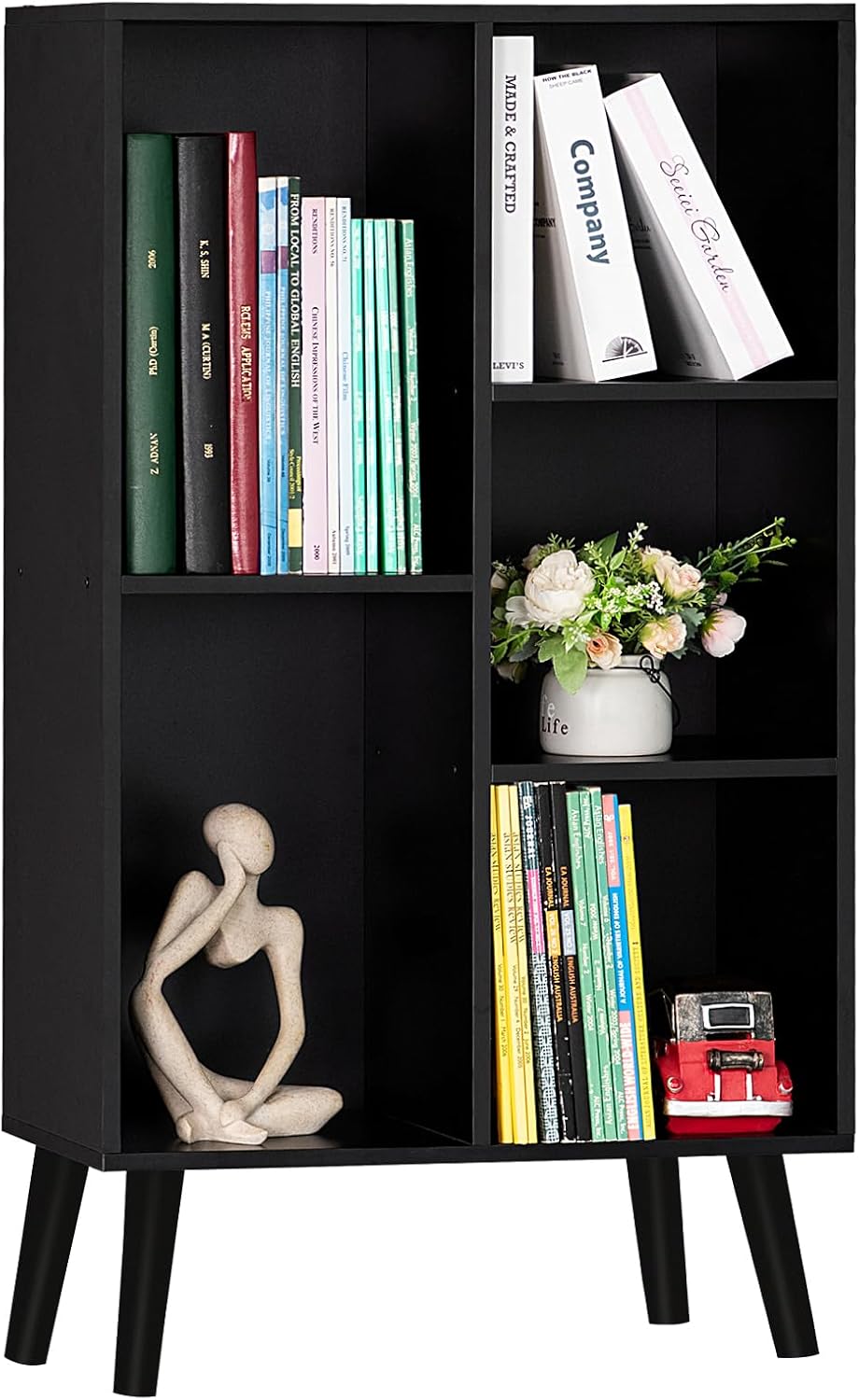 YAHARBO Small Black Narrow Bookshelf,3 Tier Modern Bookcase with Legs,Bookshelves Wood Storage Shelf,Rustic Book Shelves Cube Organizer,Display Bookcase