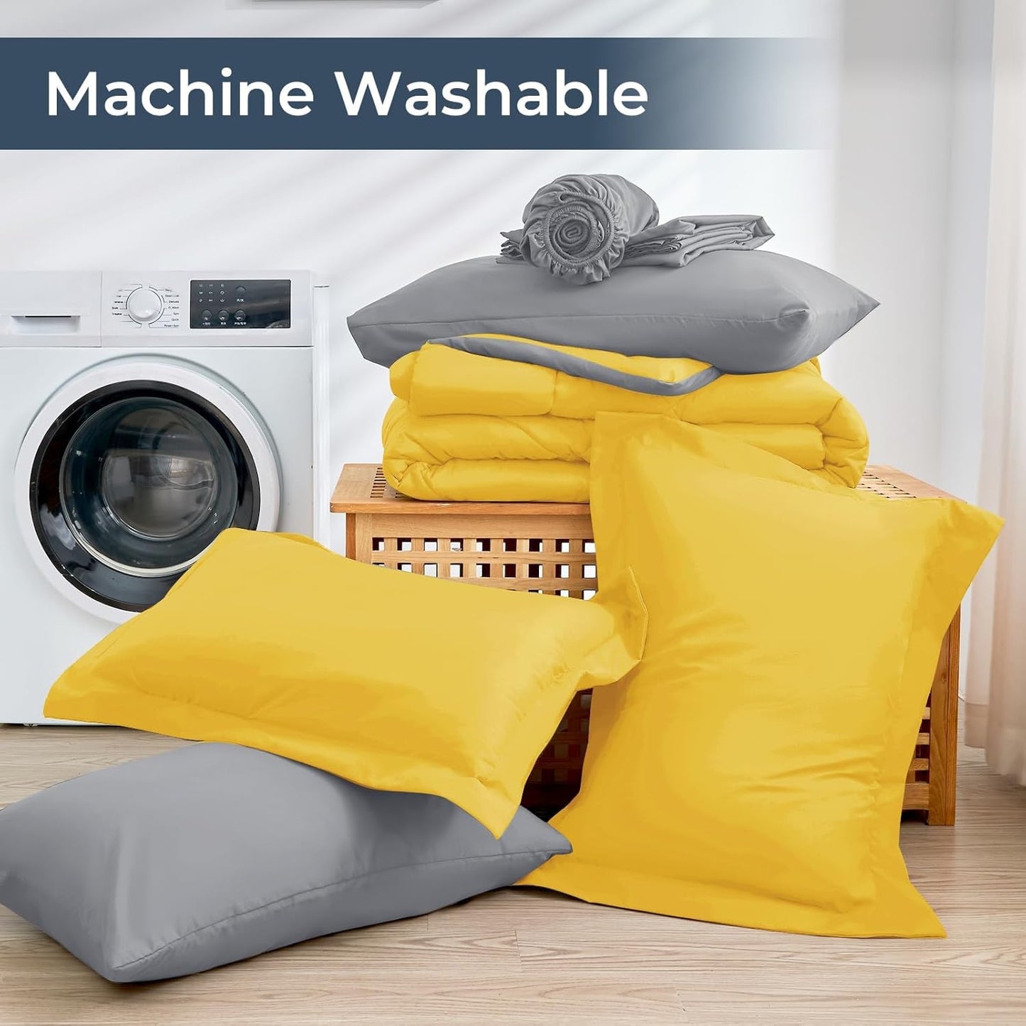 HEVUMYI Queen Comforter Set - 7-Piece All Season Bed in a Bag Queen, Ultra Soft Bedding Set with Comforter, Flat Sheet, Fitted Sheet, Pillowcases, Pillow Shams, Yellow & Light Grey