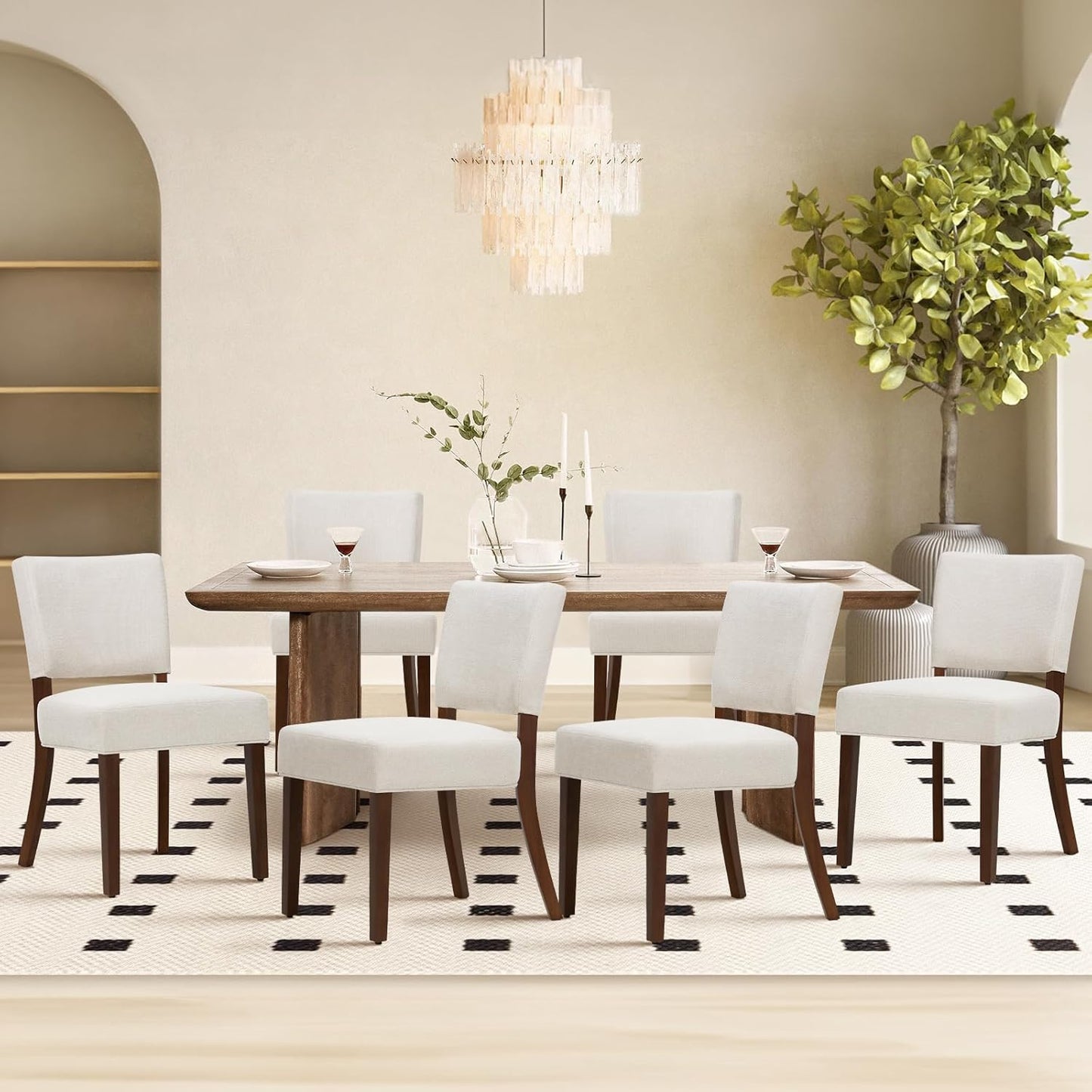 COLAMY Upholstered Dining Chairs Set of 6, Modern Kitchen Chairs with Back, Farmhouse Fabric Side Dining Room Chairs with Wood Legs for Dining Room Kitchen Restaurant, Beige