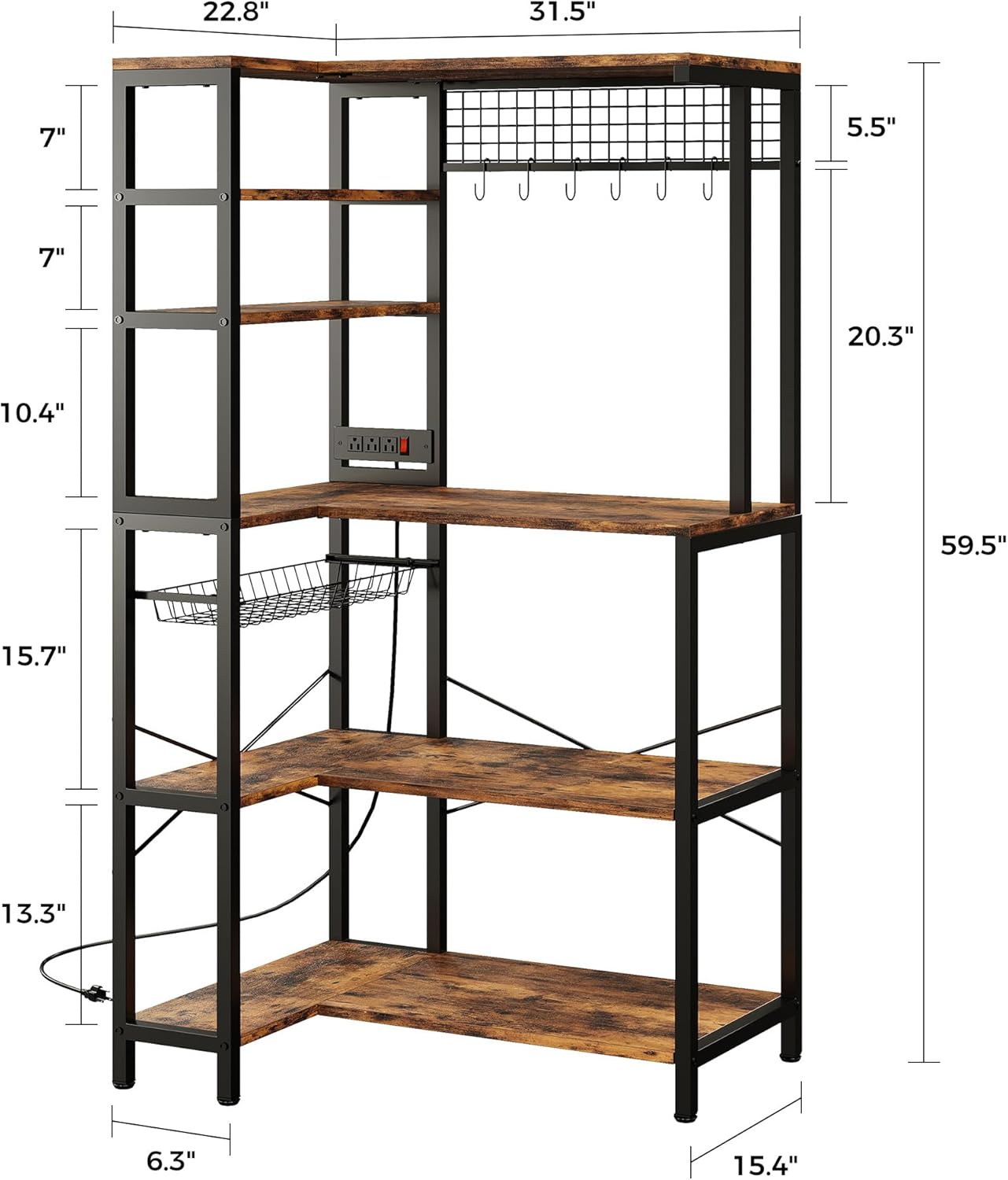 IRONCK Bakers Rack with Power Outlet, 5-Tier Corner Microwave Stand with Storage, Coffee Bar with 6 S-Shaped Hooks, Kitchen Shelves with Wire Basket