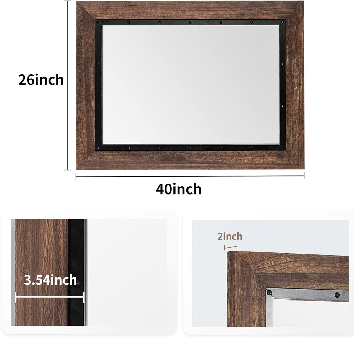 YOSHOOT Rustic Wooden Framed Wall Mirror, 40"x26", Natural Wood and Iron Bathroom Vanity Mirror for Farmhouse Decor, Vertical or Horizontal Hanging