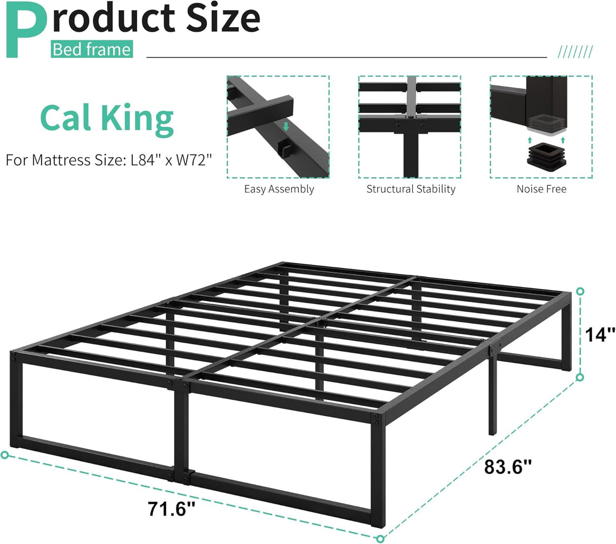 14 Inch California King Bed Frames No Box Spring Needed Heavy Duty Metal Cal King Platform for Mattress Foundation, Noise Free, Easy Assembly, Black