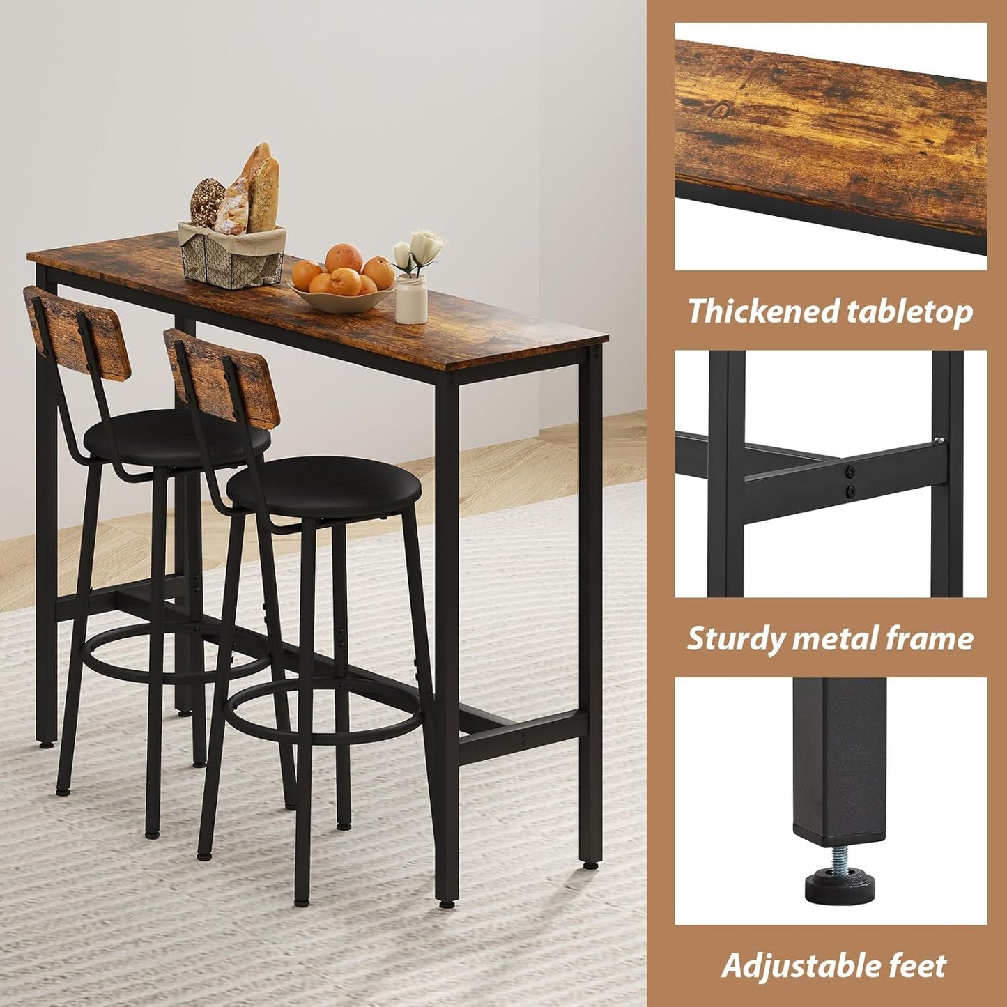 Dining Table Set for 2, 3-Piece Bar Table and Chairs Set, Kitchen Table and Chairs, High Top Table with 2 PU Upholstered Stools, Space-Saving Pub Table Sets for Small Space, Brown