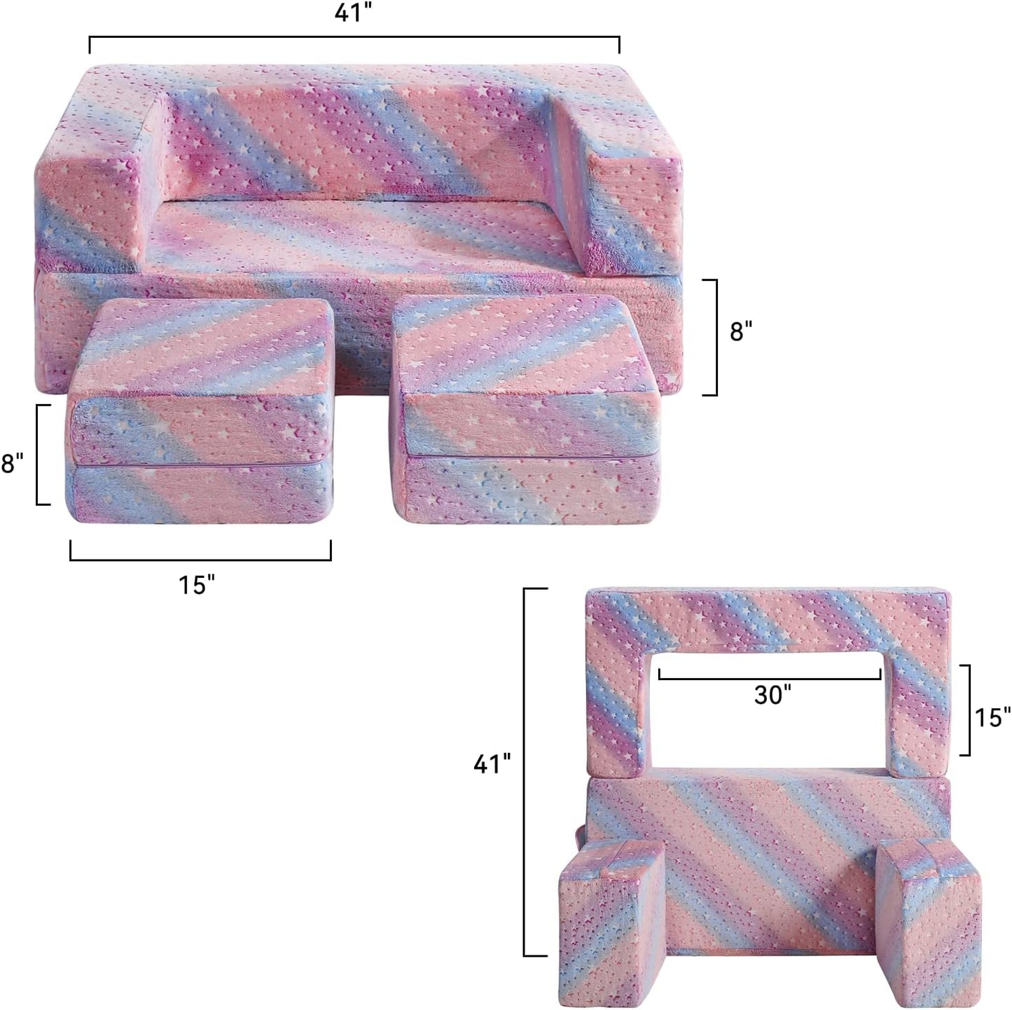 Kids Couch, Glow in The Dark Modular Explore Sofa for Toddler 3 in 1 Fold Out Sofa, Convertible Plush Couch with Washable and Durable Covers