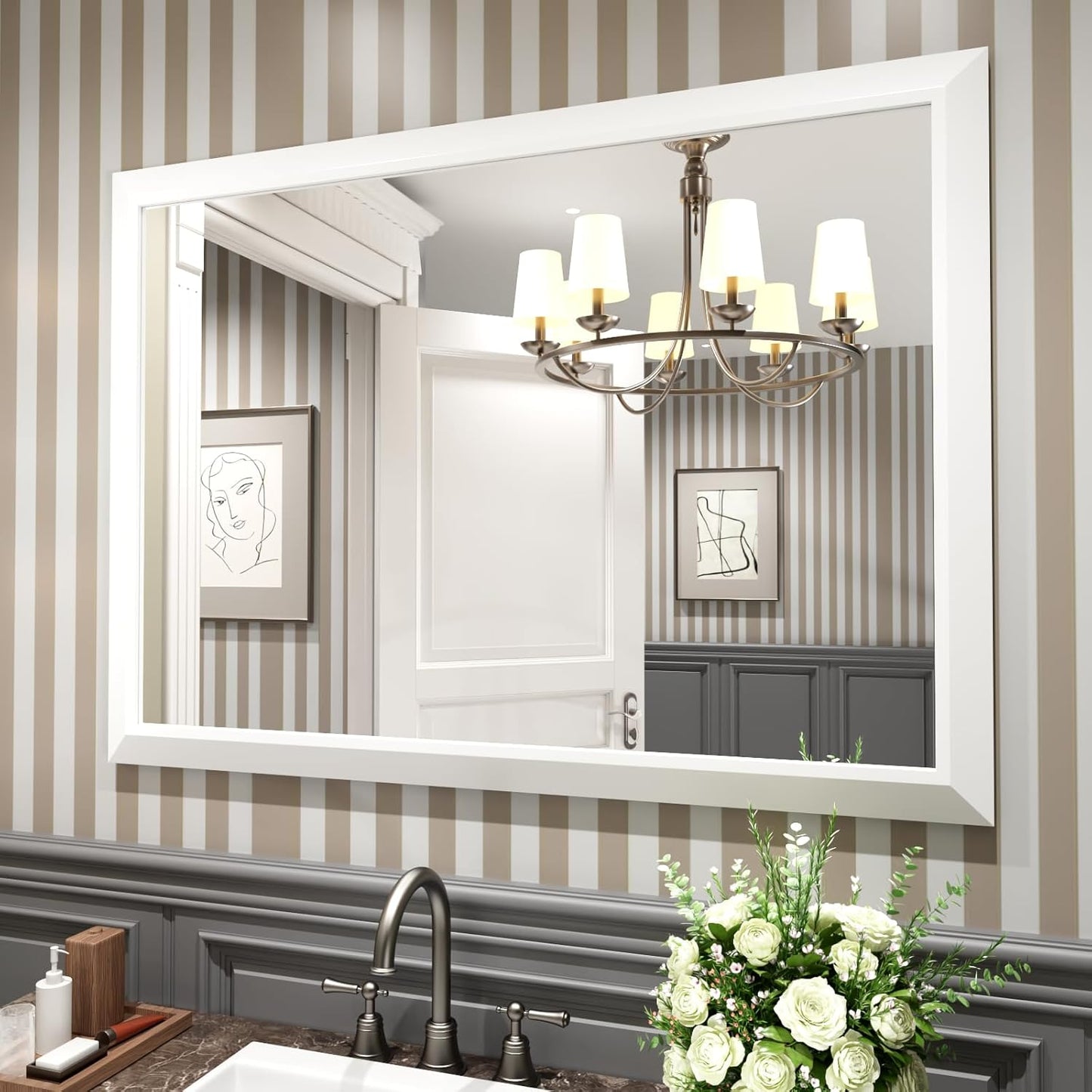 Amorho Bathroom Mirror, 48x35 Inch White Thick Metal Framed Wall Mirrors for Over 2 Sinks, Bedroom, Living Room, Entryway, Large Rectangle Wall-Mounted Mirrors.