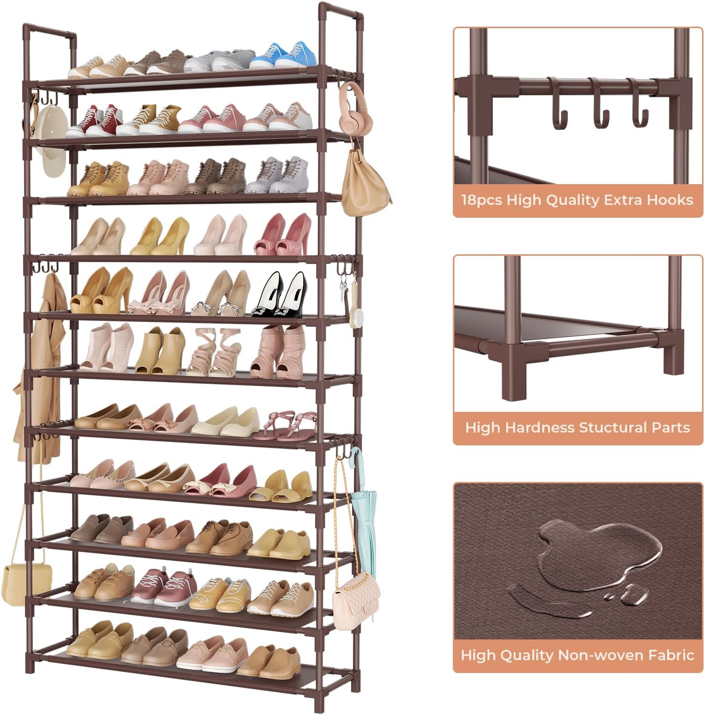 11 Tiers Tall Shoe Rack Holds 55 Pairs of Shoes with 18pcs Hooks Sturdy Wide Shoe Organizer Storage Free Standing Metal Shoe Shelf for Closet, Entryway Brown