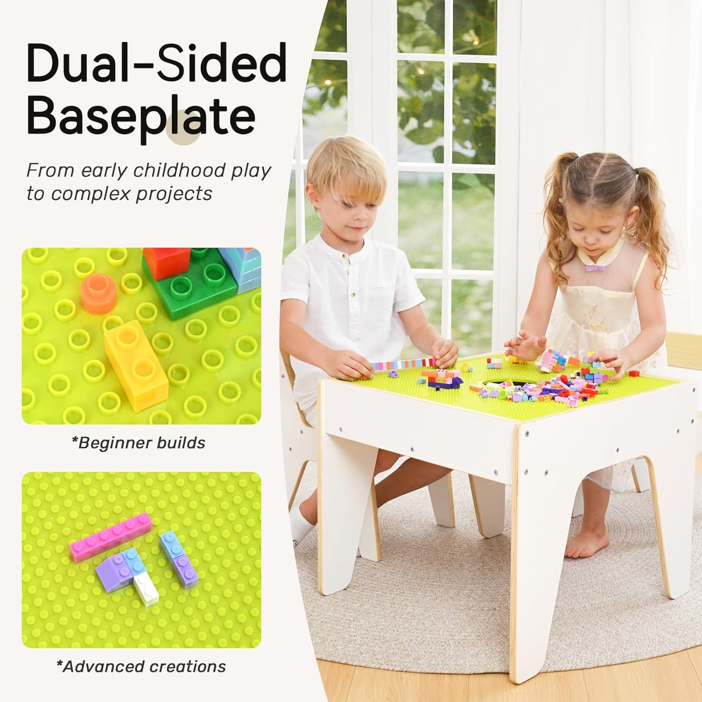 wingyz 4-in-1 Toddler Table and Chairs Set, Kids Play Tables with Storage, Wooden Sensory Tables with Dual-Sided Blocking Baseplate, Baby Activity Table with Chalkboard