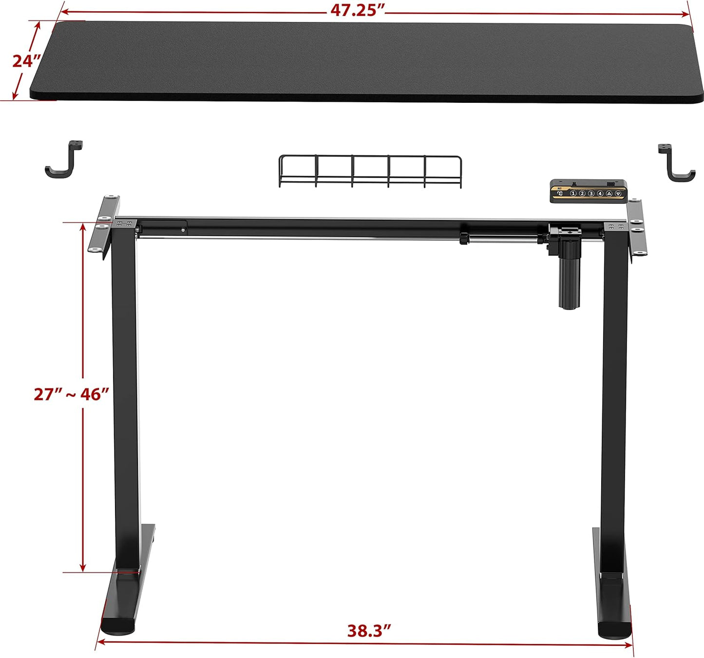 SHW 48-Inch Electric Height Adjustable Sit to Stand Desk with Hanging Hooks and Cable Management, Black Frame and Black Top