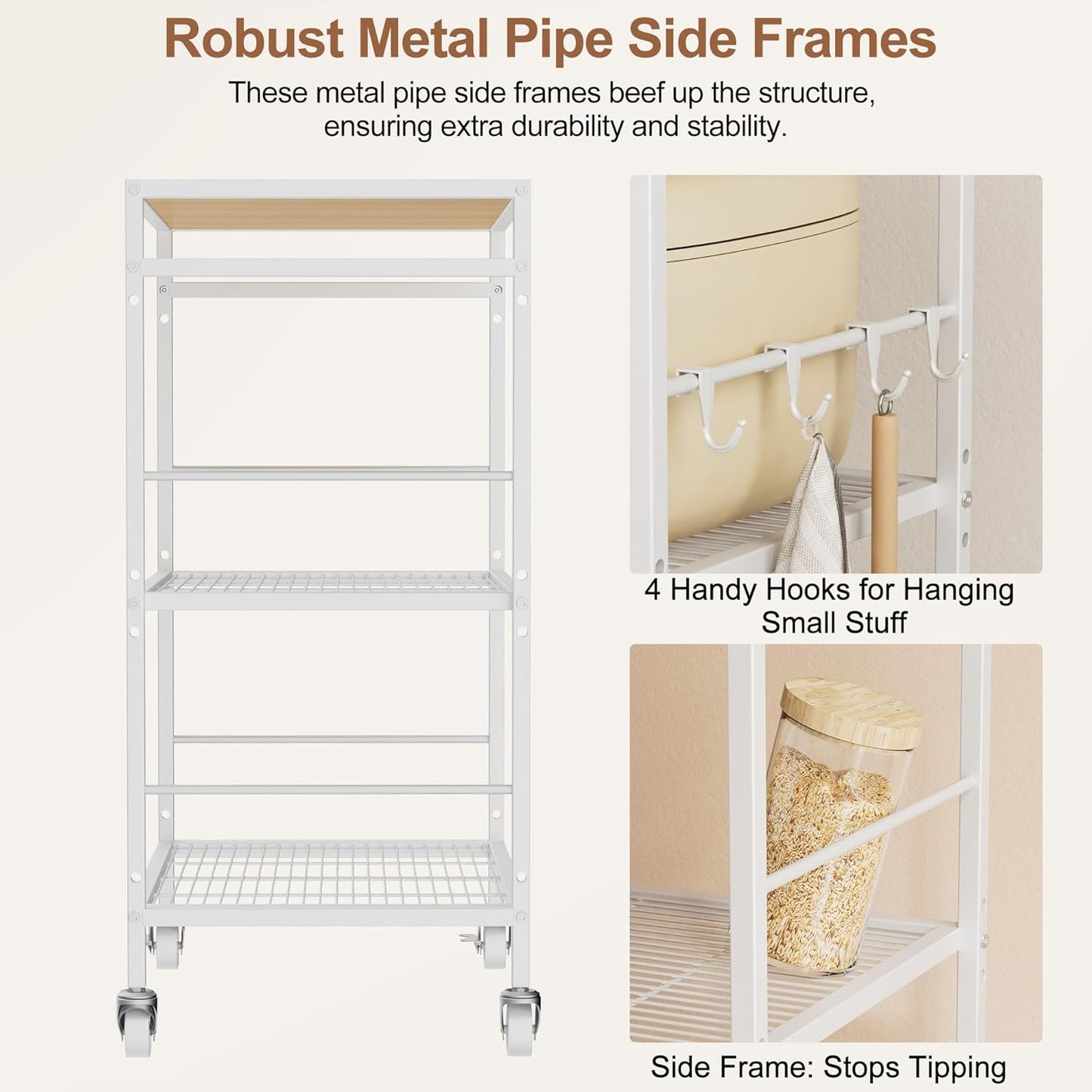3-Tier Kitchen Cart with Adjustable Shelves - Microwave Storage Cart & Utility Rolling Organizer, Industrial Wheels for Small Spaces, 15.7"x23.6"x33.7" Kitchen Office Living Room Metal Rack