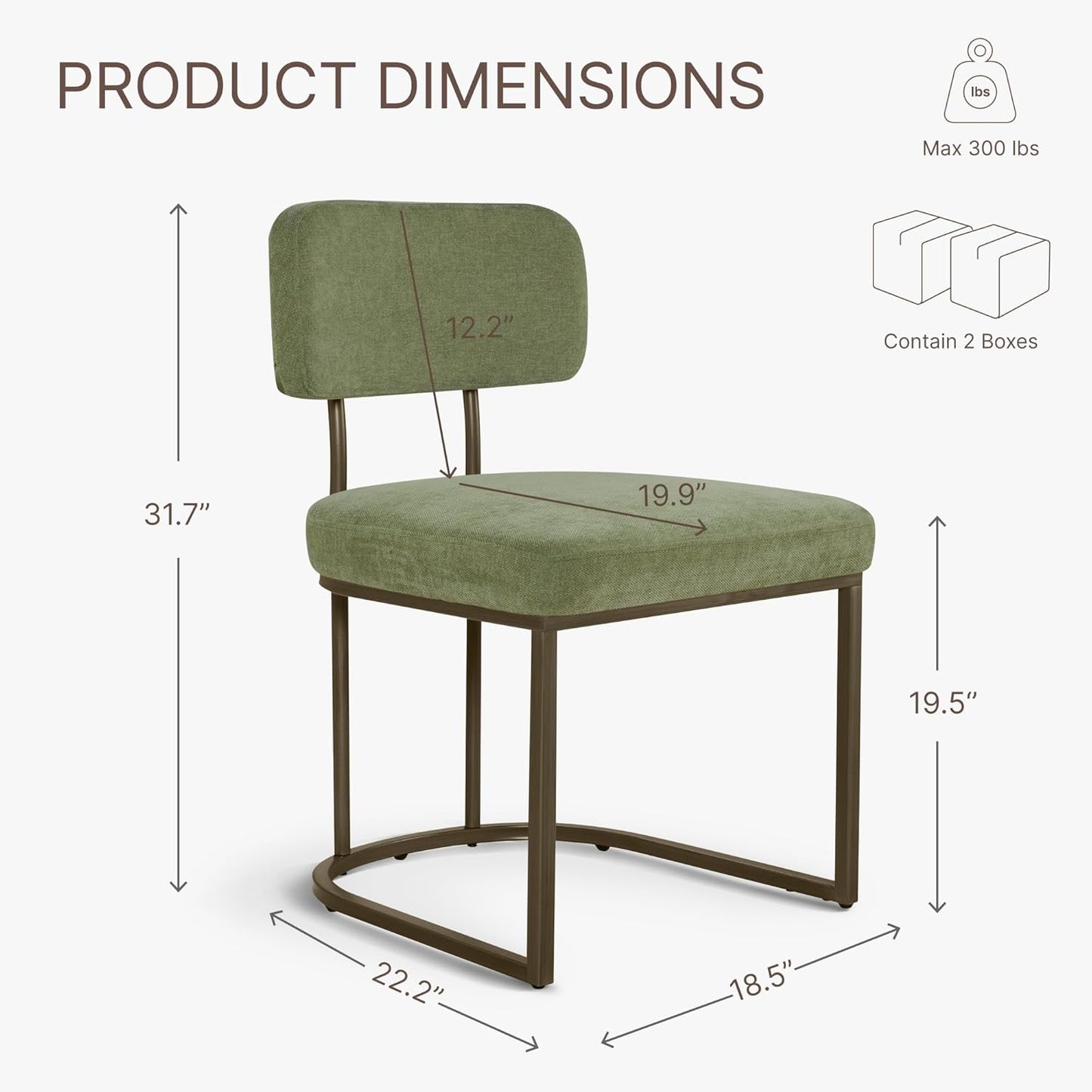 Dining Chairs Set of 6, Upholstered Modern Kitchen Chairs with Ergonomic Backrest, Fabric Cushion Seat & Metal Legs for Living Room, Restaurant, and Café, Green, 2Boxs