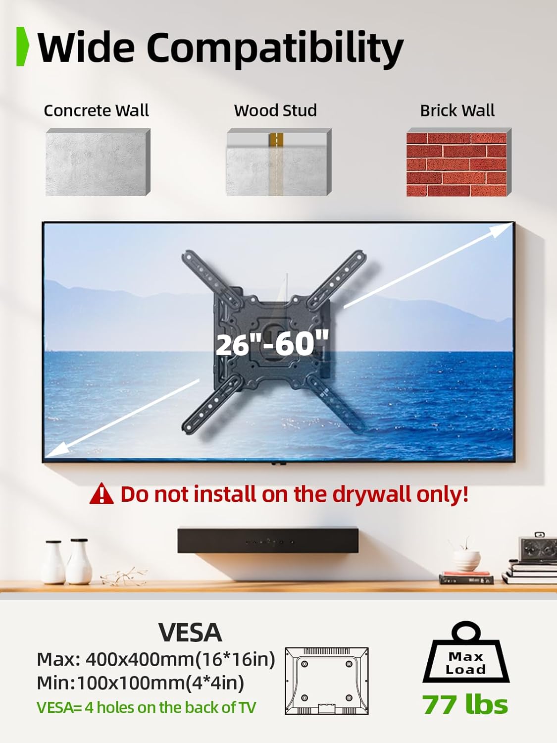 USX MOUNT Full Motion TV Wall Mount for 26-60 inch up to 77 lbs, Single Stud Corner TV Mount Bracket with Swivel Tilt Articulating, Monitor Wall Bracket Fit Max VESA 400x400mm