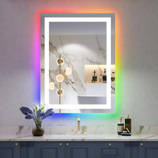 24x32 Inch RGB LED Bathroom Mirror Front Light and RGB Backlit Lighted Vanity Mirror for Bathroom Wall Mounted Dimmable Anti Fog Memory Shatter-Proof IP54 Waterproof Horizontal/Vertical