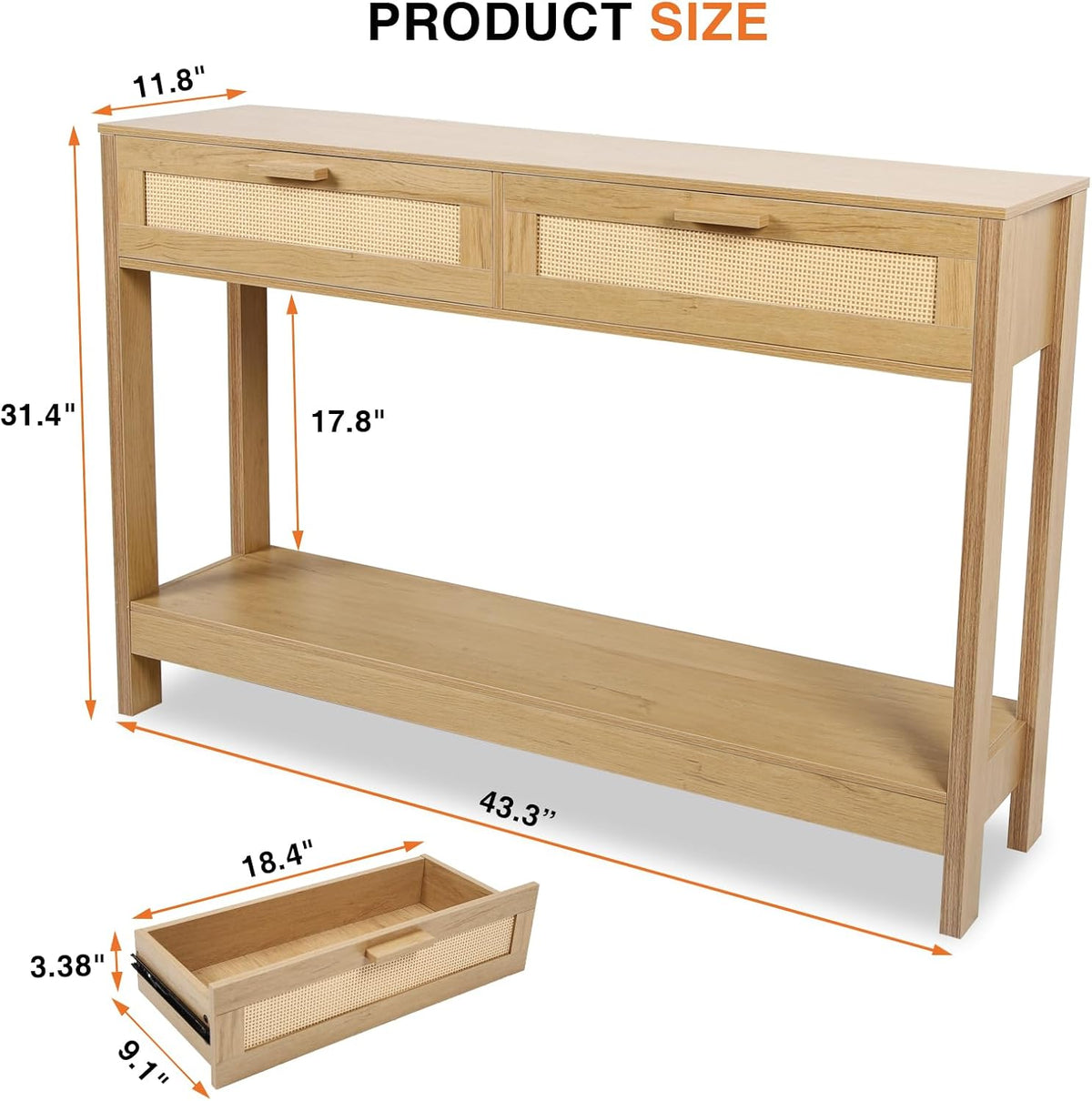 Console Table with Rattan Drawers, Boho Rattan Entryway Table with Storage, Wood Small Console Tables for Entryway, Entry Table for Hallway, Sofa Table