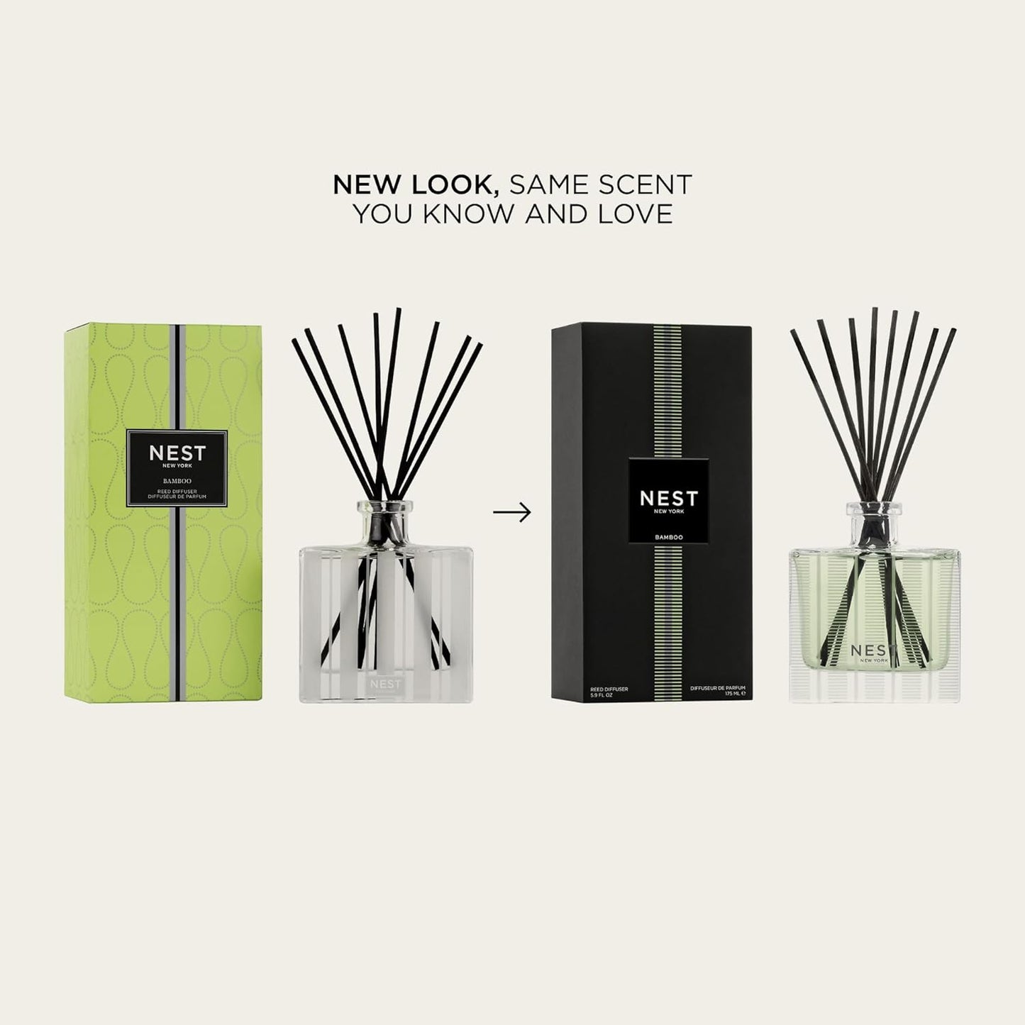 NEST New York Reed Diffuser, Bamboo - 5.9 fl oz - Fragrance for Up to 90 Days - Reusable, Refillable Glass Holder - Includes 8 All-Natural Reed Sticks - Flame Free