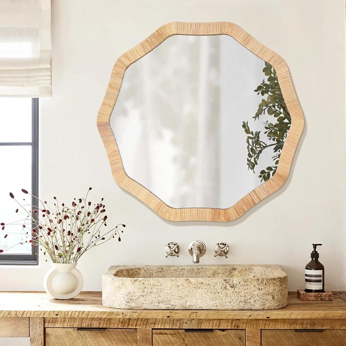ULIKE Rattan Mirror for Wall, Bathroom 24 Inch Rustic Farmhouse Wall Decor with Handmade Wicker Frame, Boho Woven Mirror for Nursery Bedroom Living Room Entryway