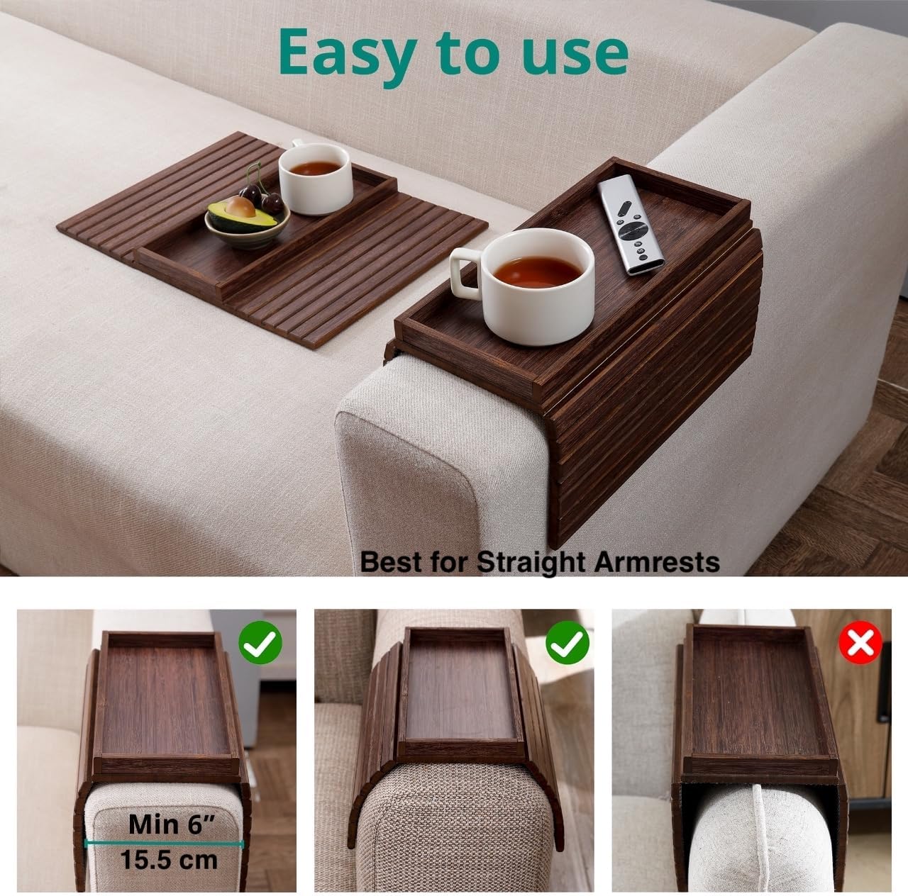 DETOR Couch Arm Tray, TV Tray with Capacious 12.4" x 5.4" Storage Box, Bamboo Grain Stained Brown Color, Enhanced Nonslip Felt Bottom, Sturdy Bamboo Slats Material | for Armrests 6" and Wider
