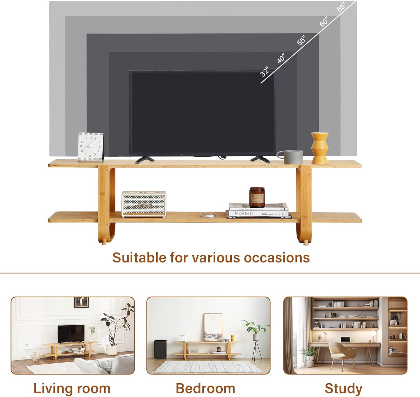 Welnow Bamboo TV Stand for Up to 65 Inch, Mid Century Modern Entertainment Center with 2-Tier Open Shelves, Storage Media Console Table for Living Room, Bedroom, Natural