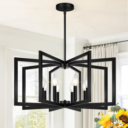 28" Modern Large Black Chandelier for Dining Room (8-Light, 28-Inch), Geometric Black Dining Room Light Fixture Over Table, Industrial Metal Hanging Pendant Lights for Kitchen Island, Entryway, Foyer