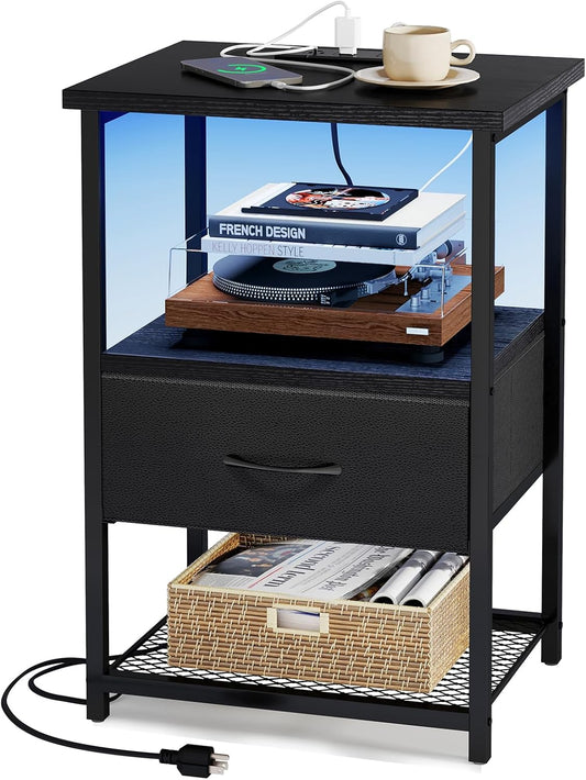 Fixwal Night Stand with Charging Station, LED Nightstand Side Table with Fabric Drawers PU Finish, End Tables Bedroom, Bedside Table, Black