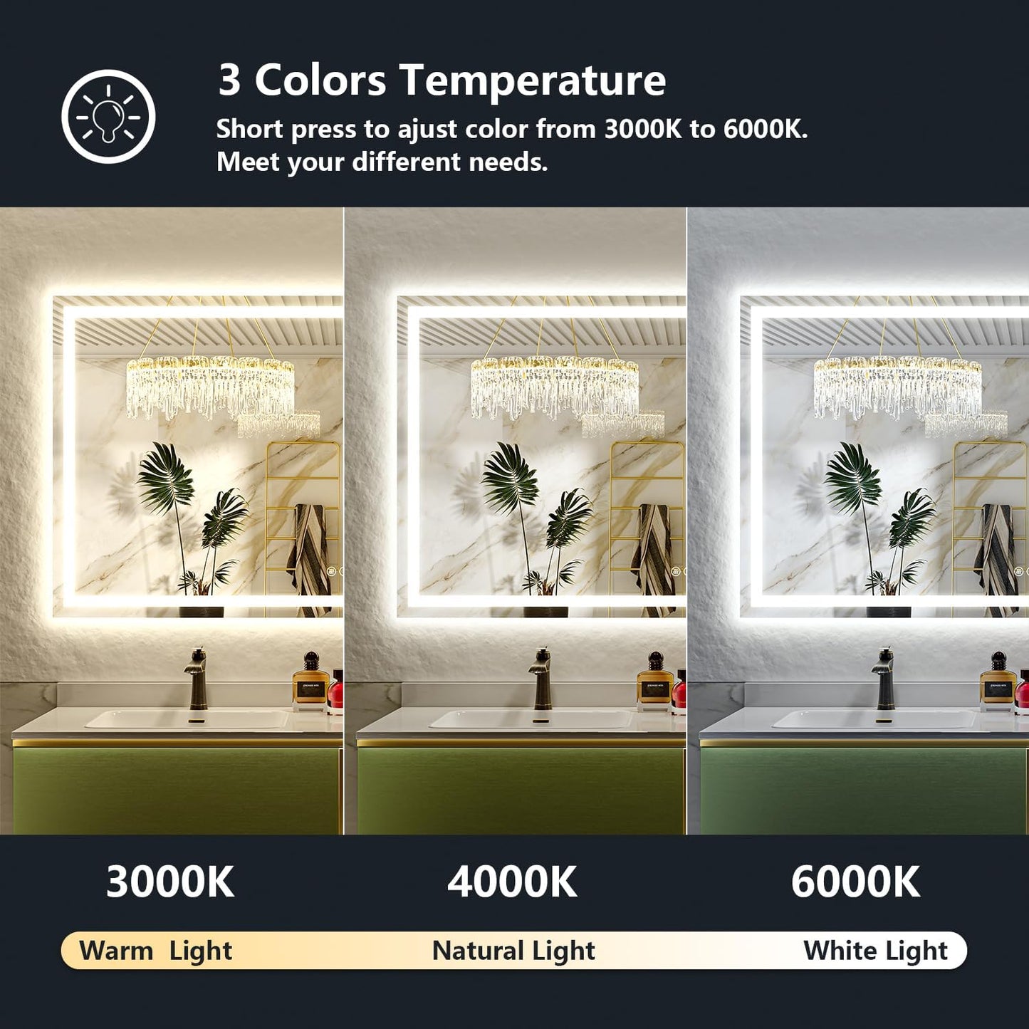 84x40 Inch LED Bathroom Mirror with Lights Front and Backlit Lighted Vanity Mirror for Bathroom Wall with 3 Colors Dimmable Anti-Fog Memory Shatter-Proof IP54 Waterproof Horizontal/Vertical