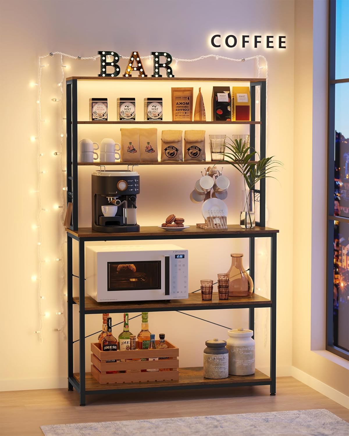 VASAGLE Coffee Bar, 39.4 Inches Baker's Rack for Kitchen with Storage, 6-Tier Kitchen Shelves with 6 Hooks, Microwave Stand, Industrial, Rustic Brown and Black UKKS039K01