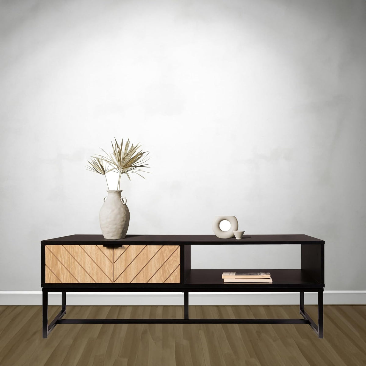 AC Pacific Bali Coastal Modern TV Stand with Storage Cubby and Natural Wood Drawer, Stylish and Functional Entertainment Center for Living Room or Bedroom, 47" Long, Black