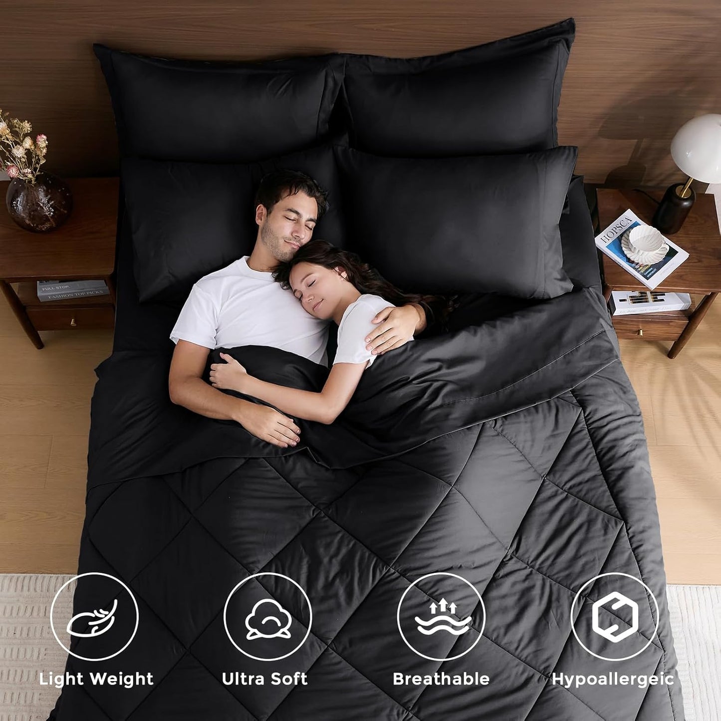 HEVUMYI Black Cali-King Comforter Set - 7-Piece All Season Bed in a Bag Cali-King, Ultra Soft Bedding Set with Comforter, Flat Sheet, Fitted Sheet, Pillowcases, Pillow Shams, Black