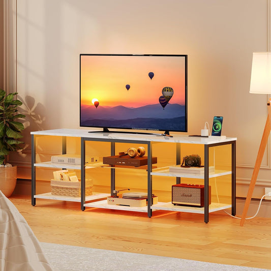 HOOBRO LED TV Stand for 65 Inch TVs with Charging Station, Gaming Entertainment Center with 3-Tier Open Storage, Long Media TV Console Table, TV Stand for Living Room, Bedroom, Marble White BM20UDDS01